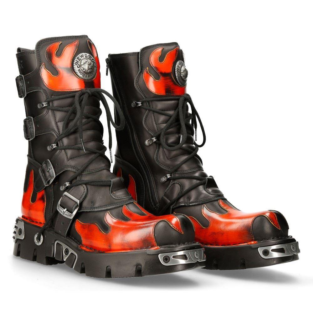 New Rock New Rock 591-s1 Red Flame Metallic Black Leather Boot Biker Goth Boots - Knighthood Store