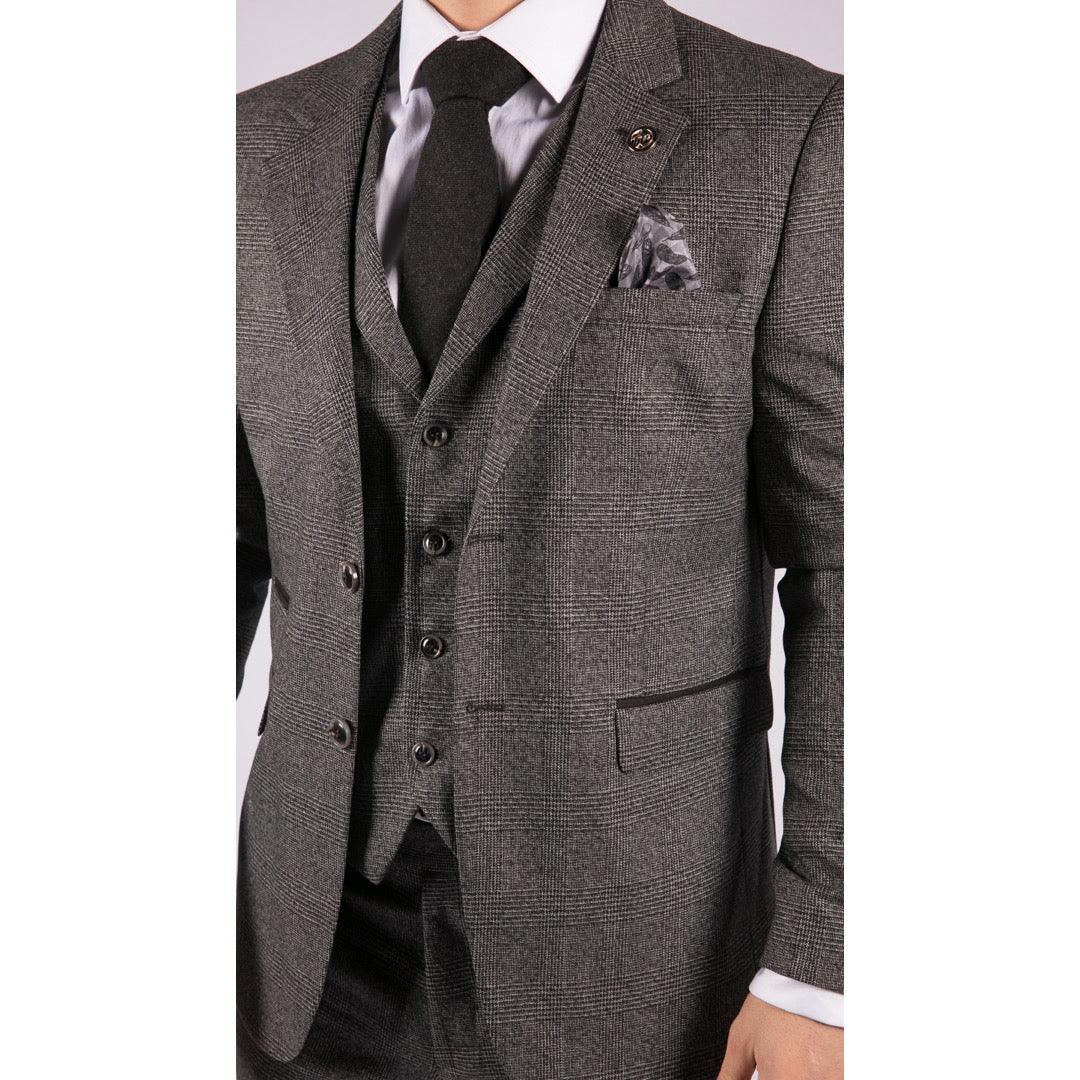 Mens Classic 3 Piece Suit Prince Of Wales Check Grey Tailored Fit Vintage Wedding - Knighthood Store