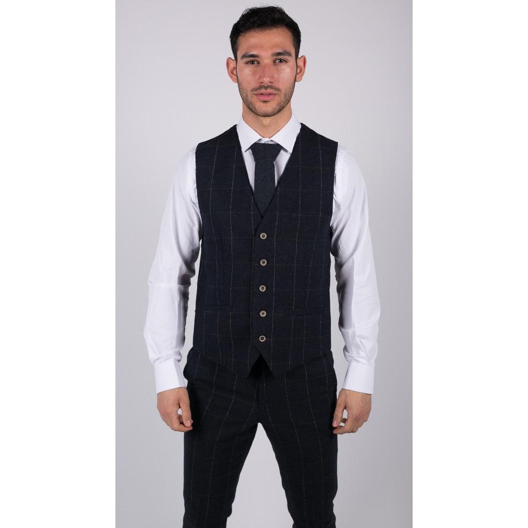 Mens Navy Check 3 Piece Suit Wool Tweed Classic 1920s Vintage Tailored Fit Wedding - Knighthood Store