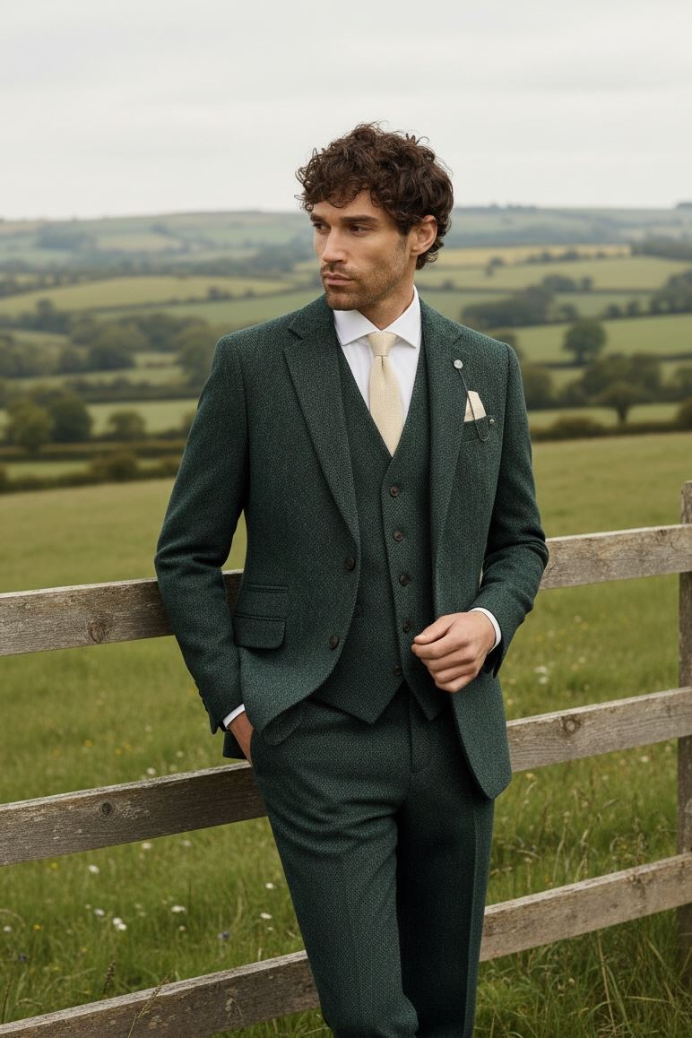 Thomas - Men’s Olive Green 3 Piece Wool Blend Tweed Suit