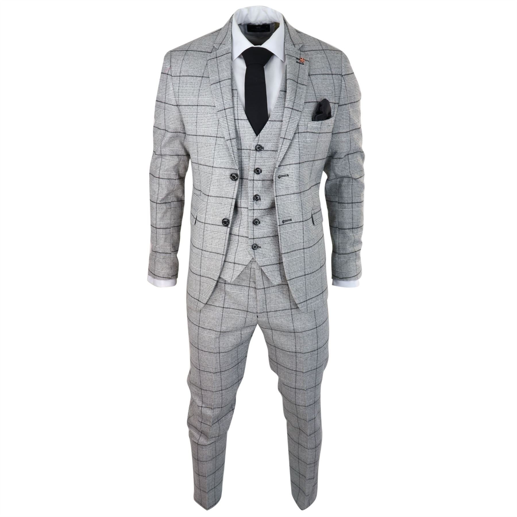 Mens Grey Check Black Tweed 3 Piece Suit Vintage Classic 1920s Wedding