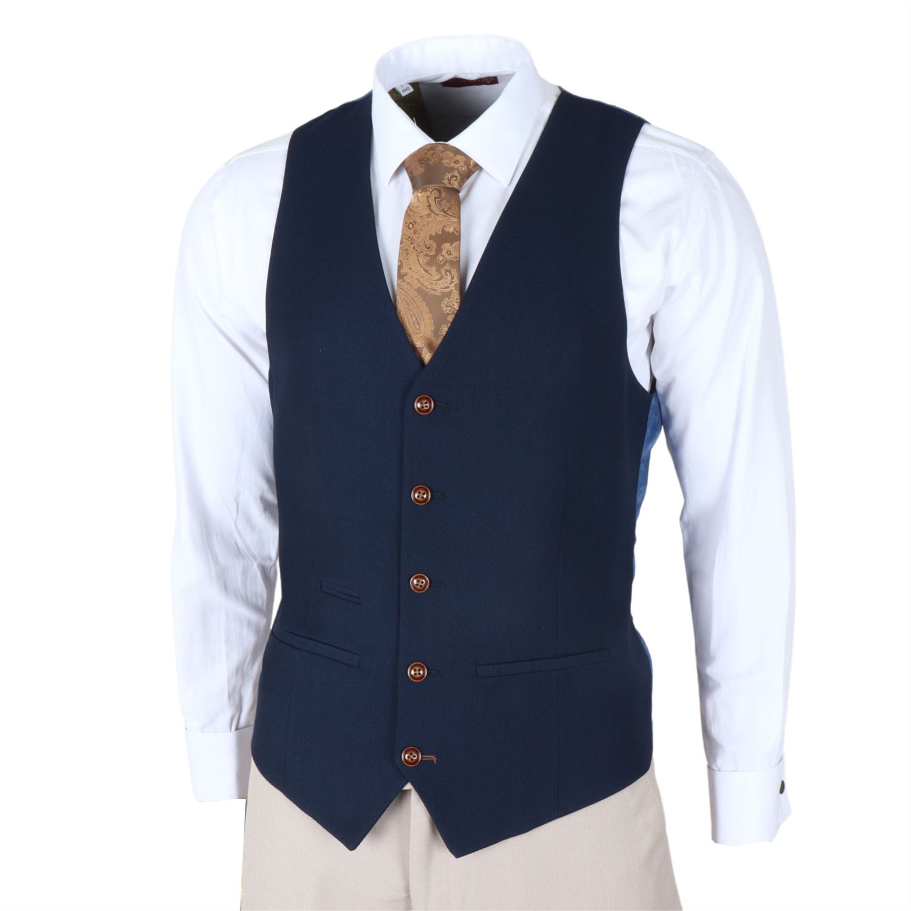 Men's Suit Cream Navy 3 Piece Classic Birdseye Wedding Grooms