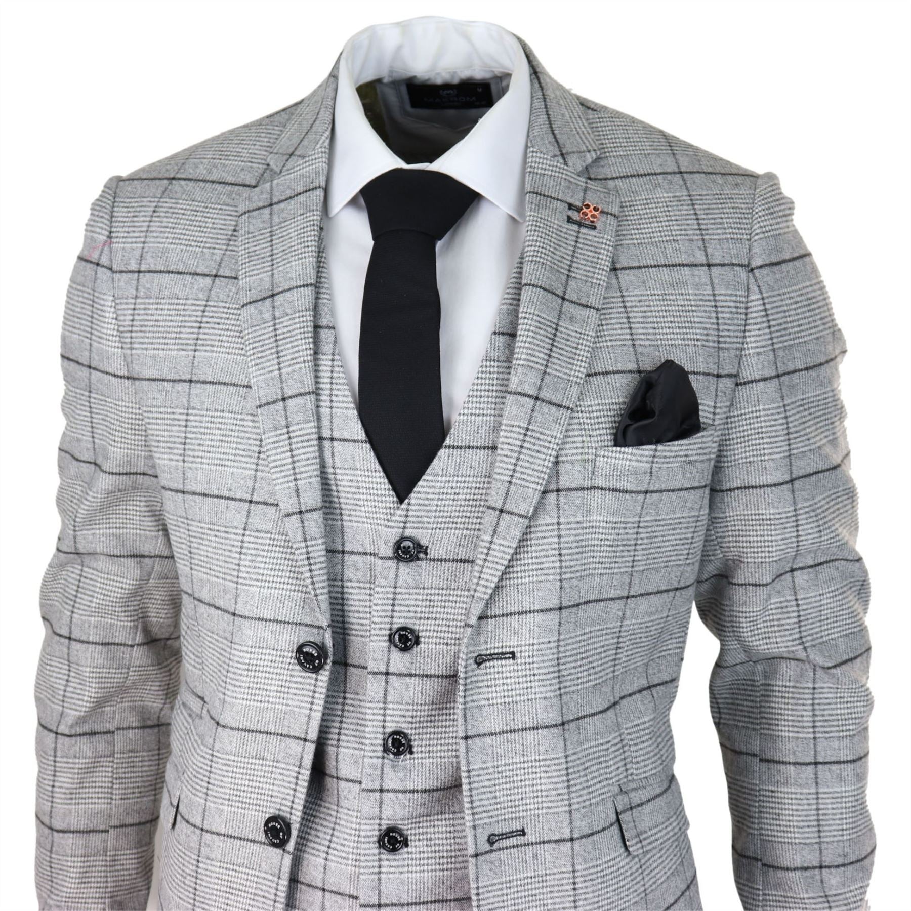Mens Grey Check Black Tweed 3 Piece Suit Vintage Classic 1920s Wedding