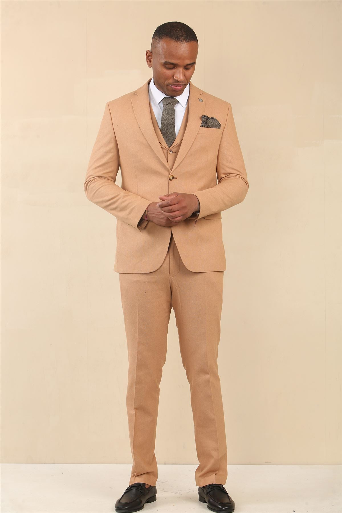 TP-23 - Men's Camel 3 Piece Linen Summer Wedding Suit