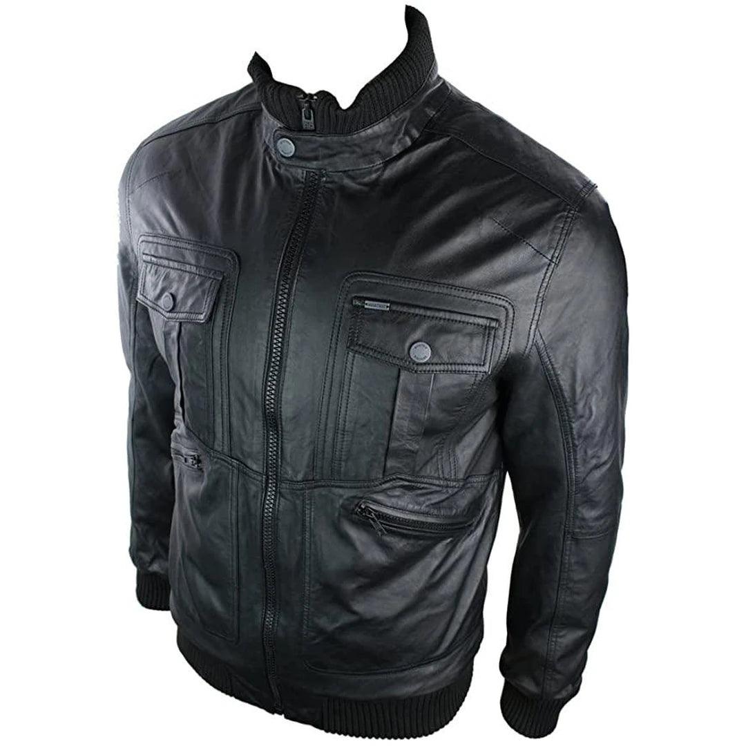 Mens Urban Retro Leather Bomber Jacket High Collar Zipped Pockets Black Vintage - Knighthood Store