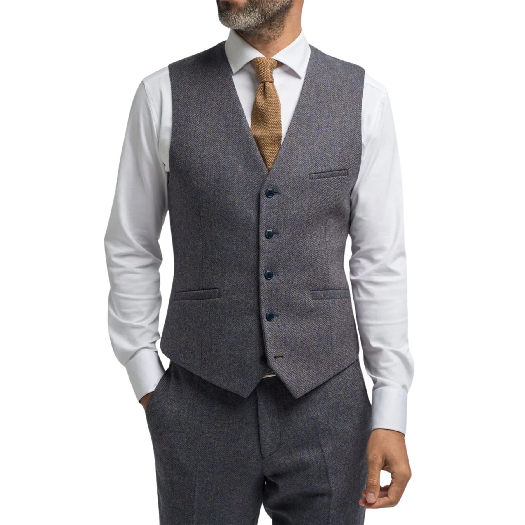 Thomas - Men's Navy Wool Blend Herringbone Tweed Waistcoat