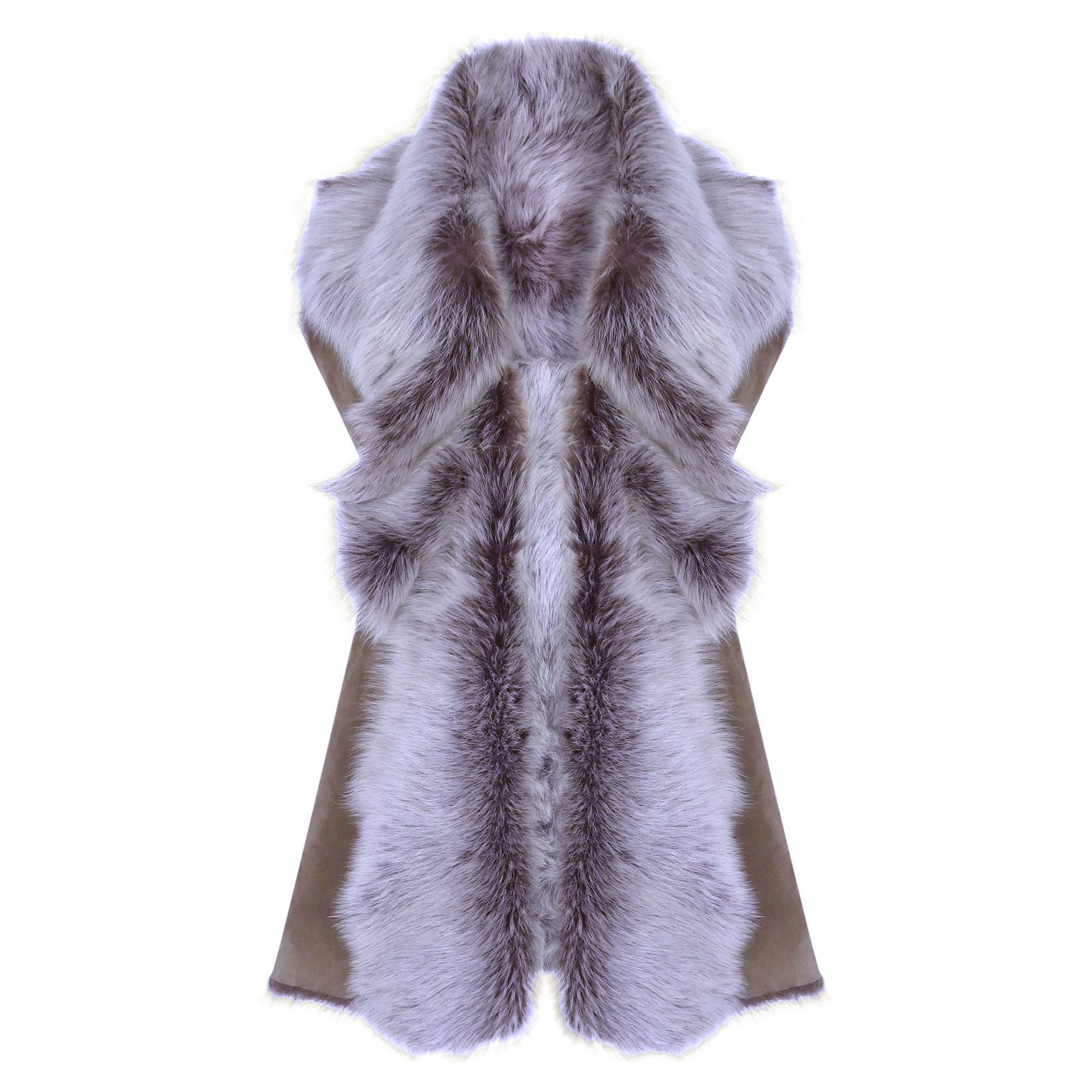 Ladies Women Real Spanish Shearling Sheepskin Toscana Taupe Long Waistcoat Gilet - Knighthood Store