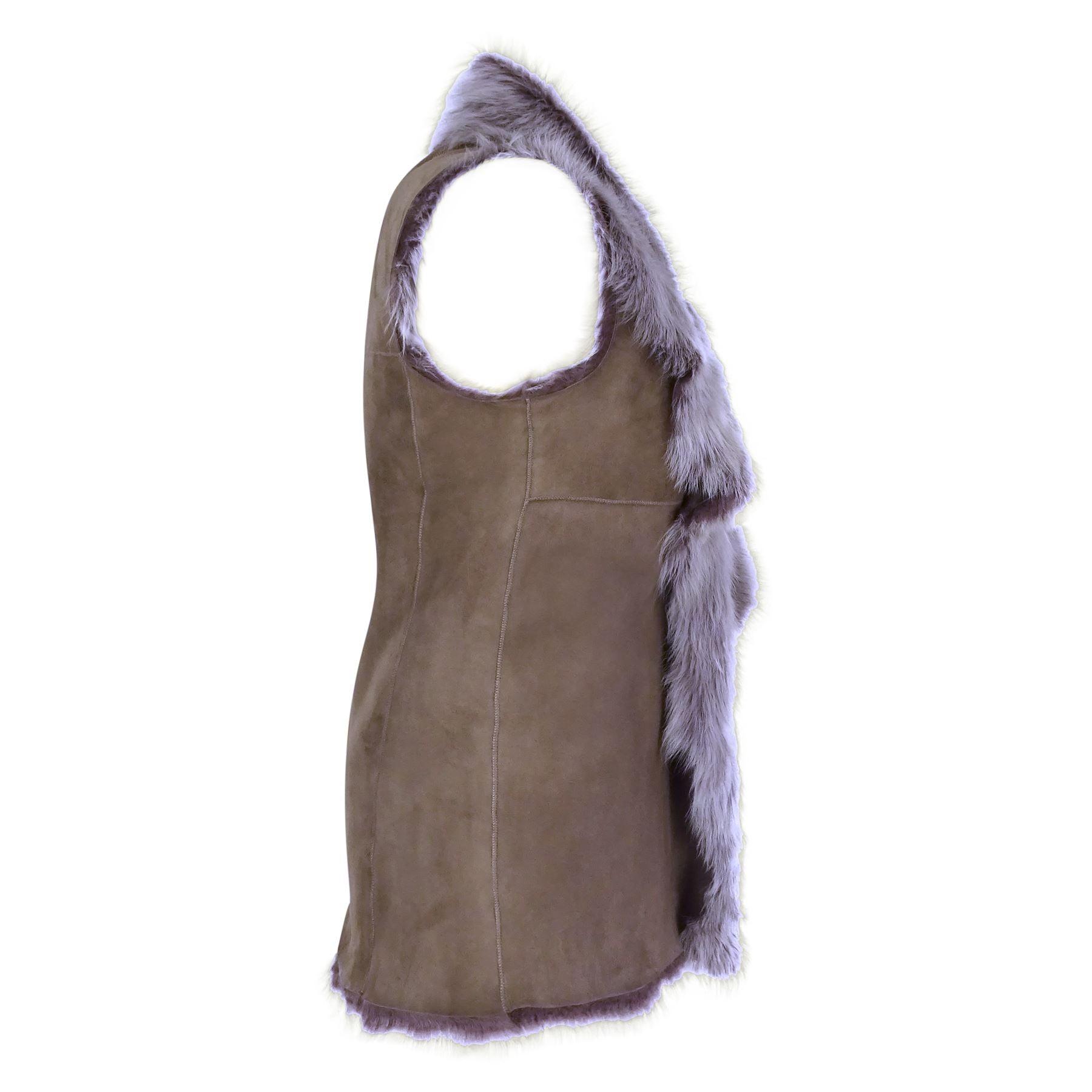 Ladies Women Real Spanish Shearling Sheepskin Toscana Taupe Long Waistcoat Gilet - Knighthood Store