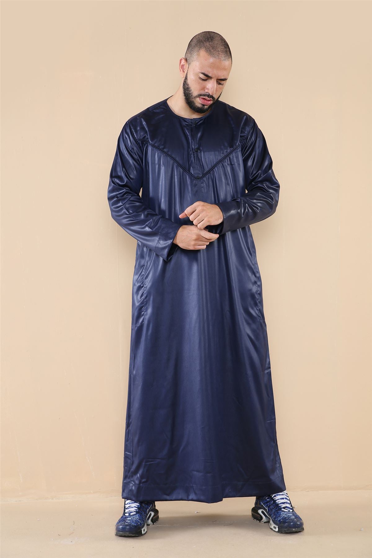 Mens Thobe Jubba Islamic Clothing Muslim Kaftan Emirati Omani Robe Satin Shiny