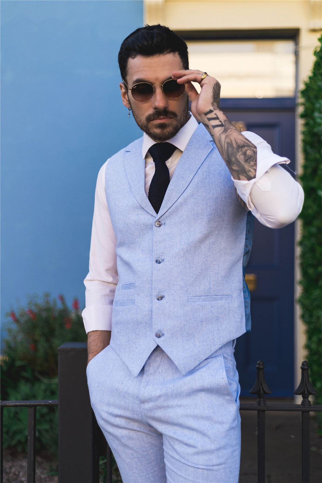 Mens Summer Suit Waistcoat Trousers Linen Smart Formal Baby Blue Wedding