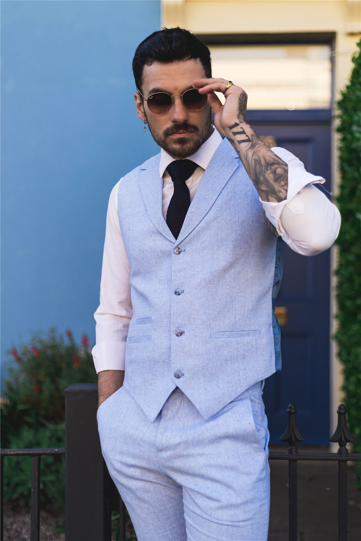 Mens Summer Suit Waistcoat Trousers Linen Smart Formal Baby Blue Wedding