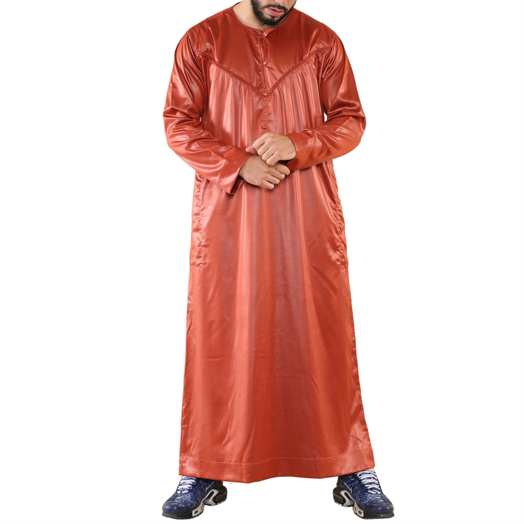 Mens Thobe Jubba Islamic Clothing Muslim Kaftan Emirati Omani Robe Satin Shiny