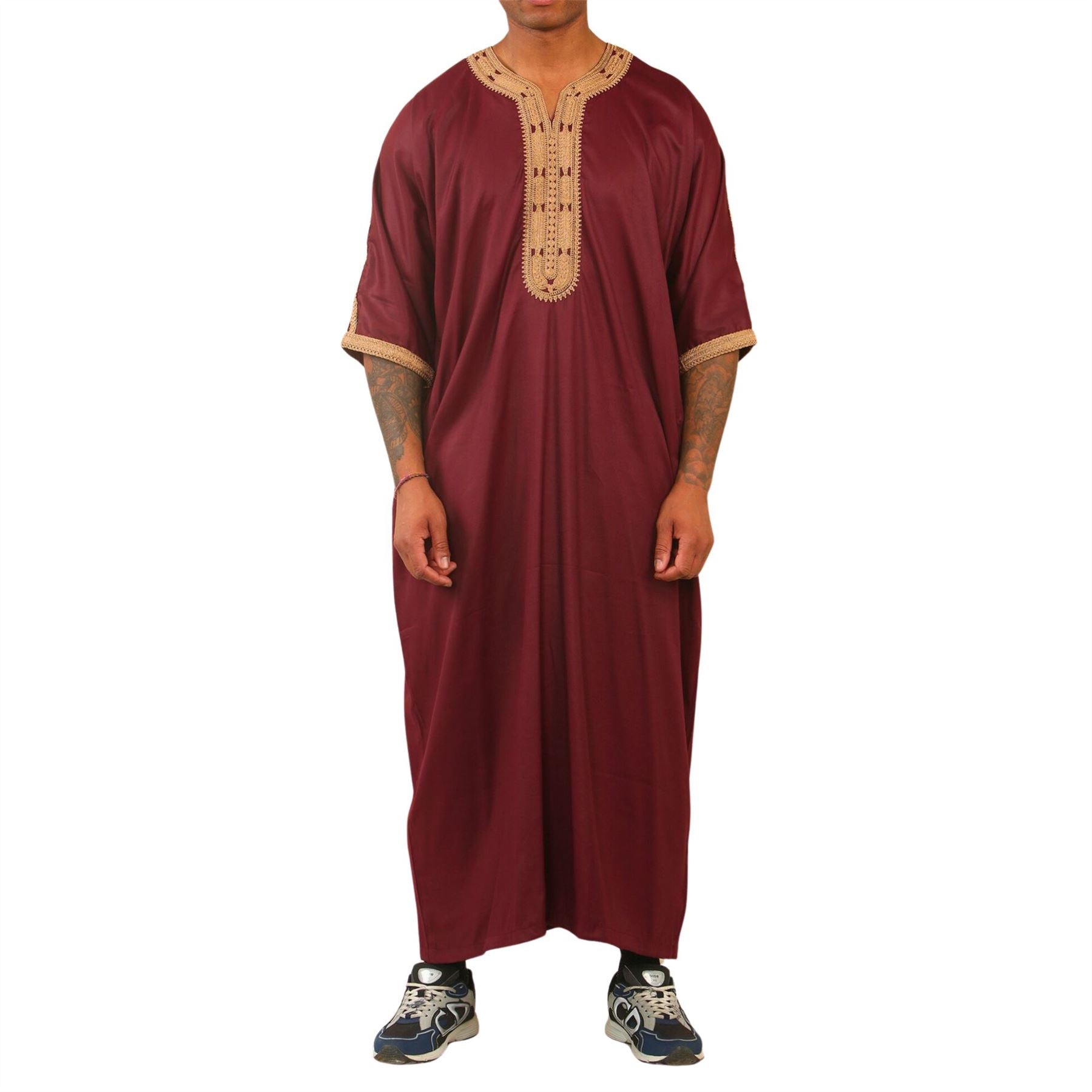 Men's Marron Moroccan Thobe Short Sleeve Gandoura Gold Embroidery Kaftan