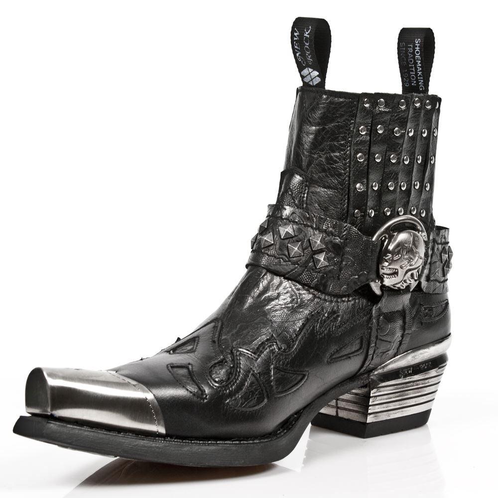 New Rock 7950P-S1 Black Leather Military Cowboy Boots Metal Toe Heel Biker Rock - Knighthood Store
