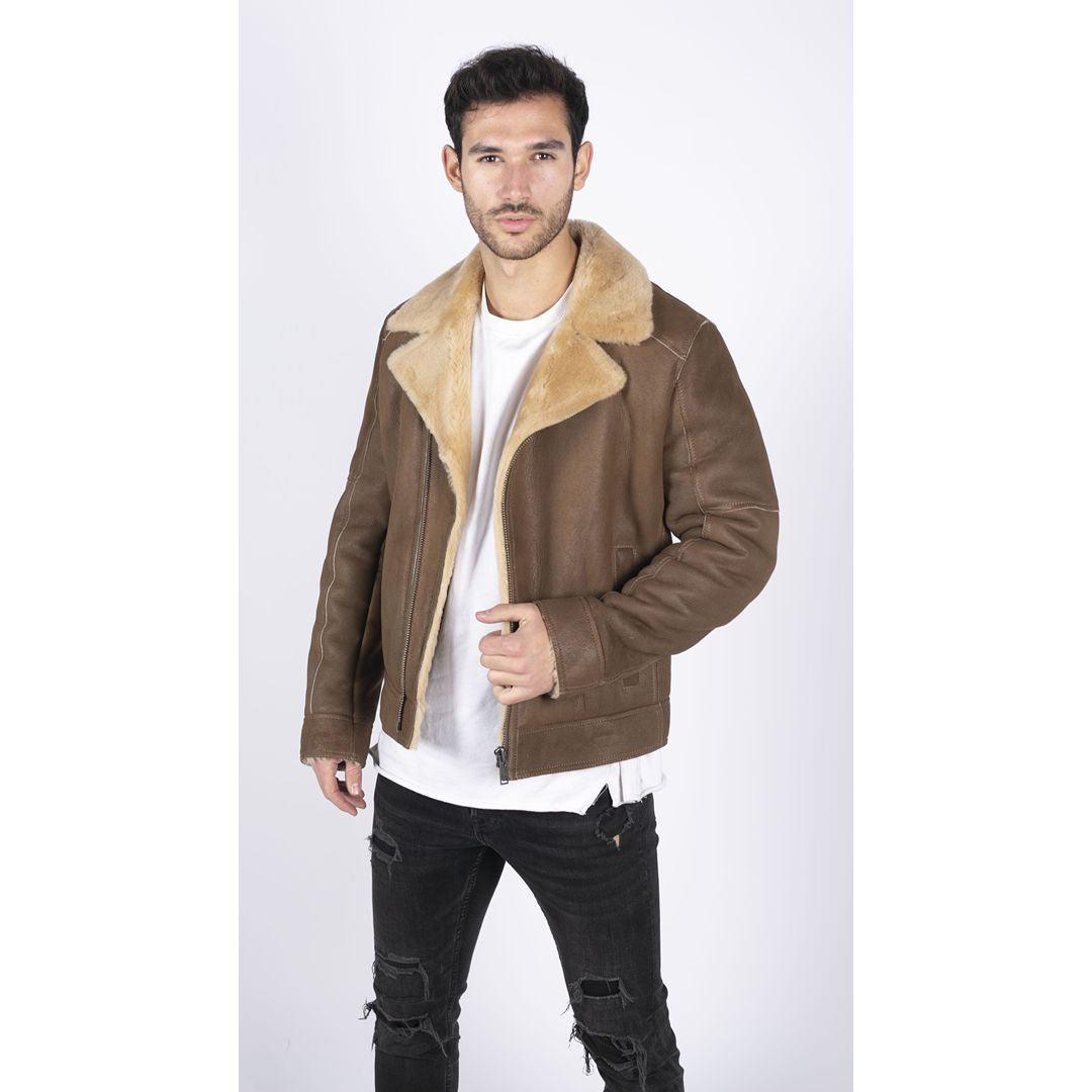 Mens Genuine Sheepskin Leather Cross Zip Flying Aviator Jacket Camel Brown Fur - Knighthood Store