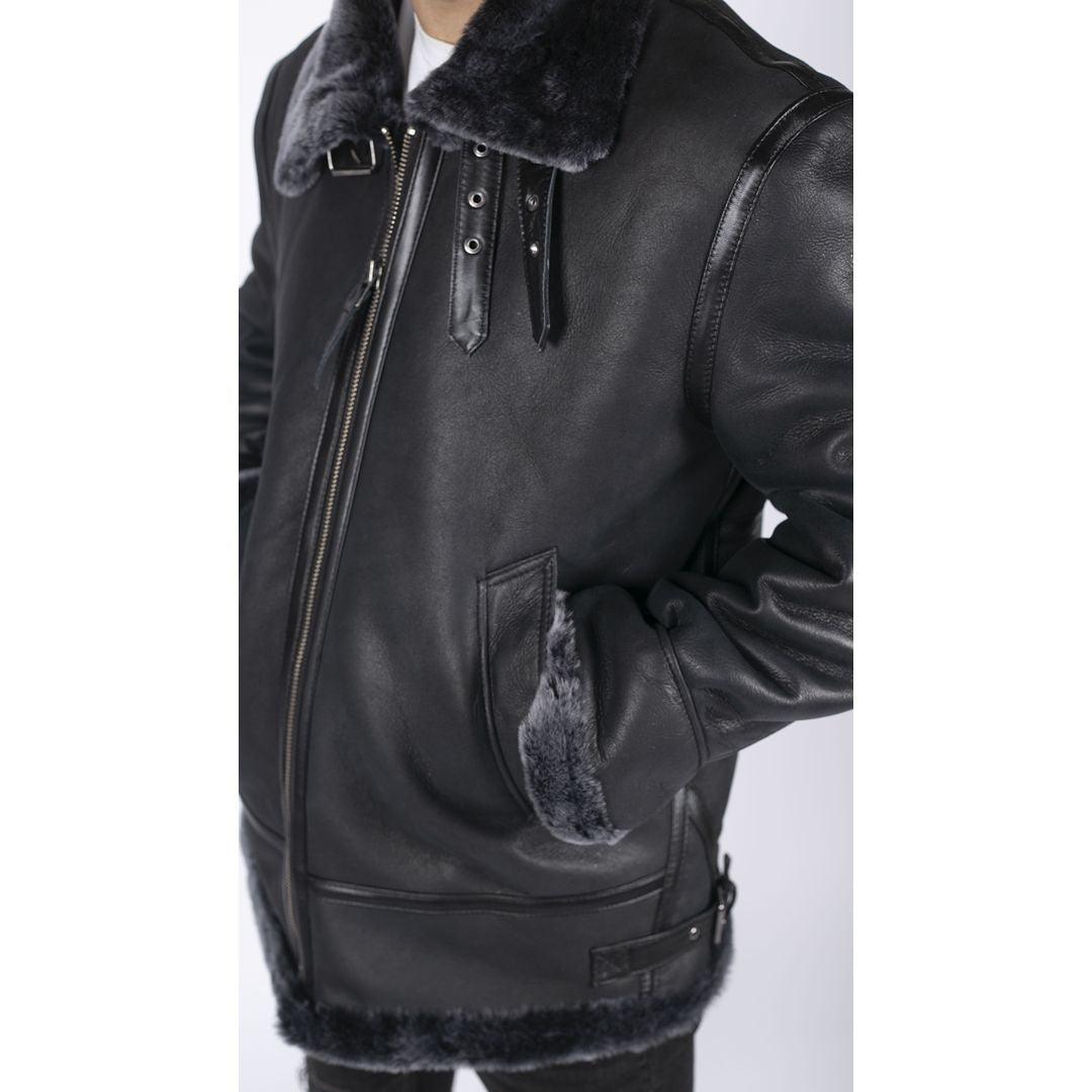 Mens Genuine Sheepskin Leather B3 Flying Aviator Jacket Black Grey Fur - Knighthood Store