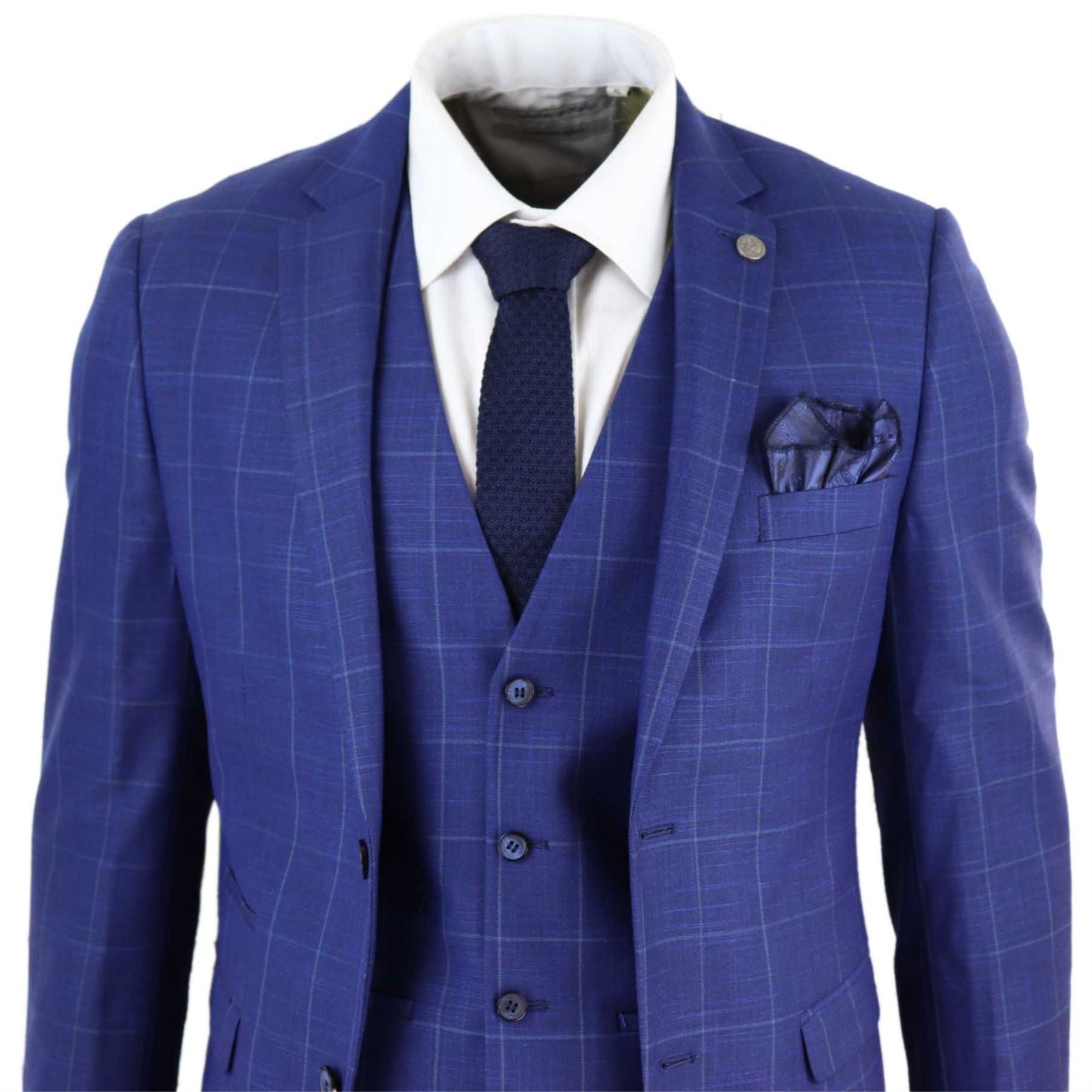 Mens 3 Piece Suit Royal Blue Prince Of Wales Check Suit Classic Wedding Formal