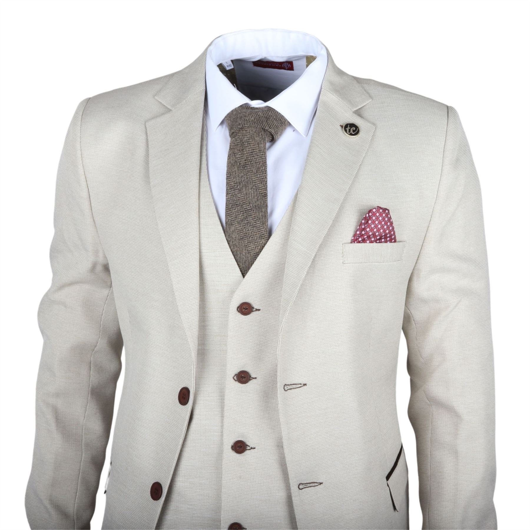 Men's Suit 3 Piece Cream Classic Birdseye Wedding Formal Dress