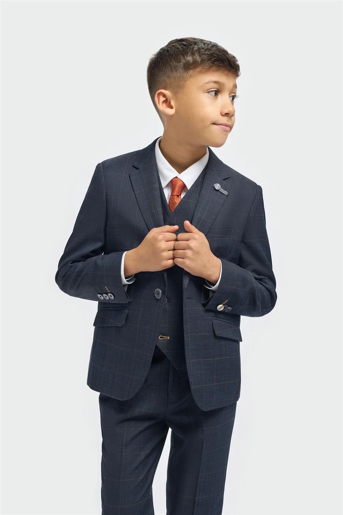 Boys Suit 3 Piece Tailored Fit Navy Check Formal Outfit