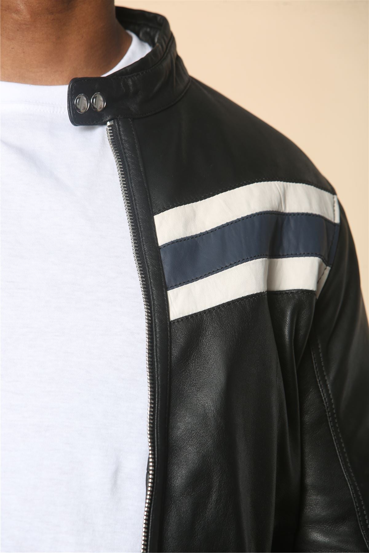 Men's Black Racer Striped Biker Leather Jacket