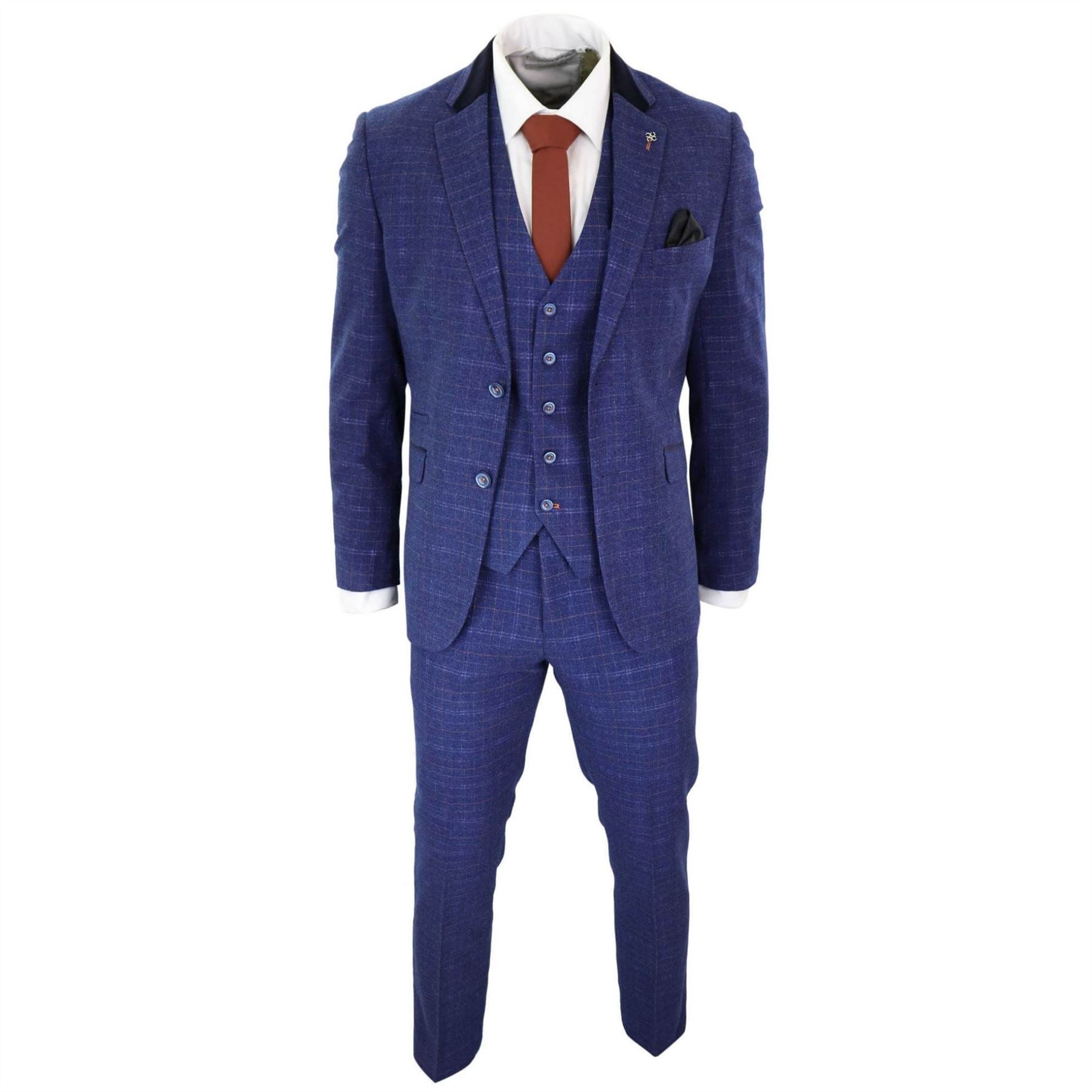 Mens Blue Tweed Check 3 Piece Suit Vintage Retro Classic Tailored Fit 1920's