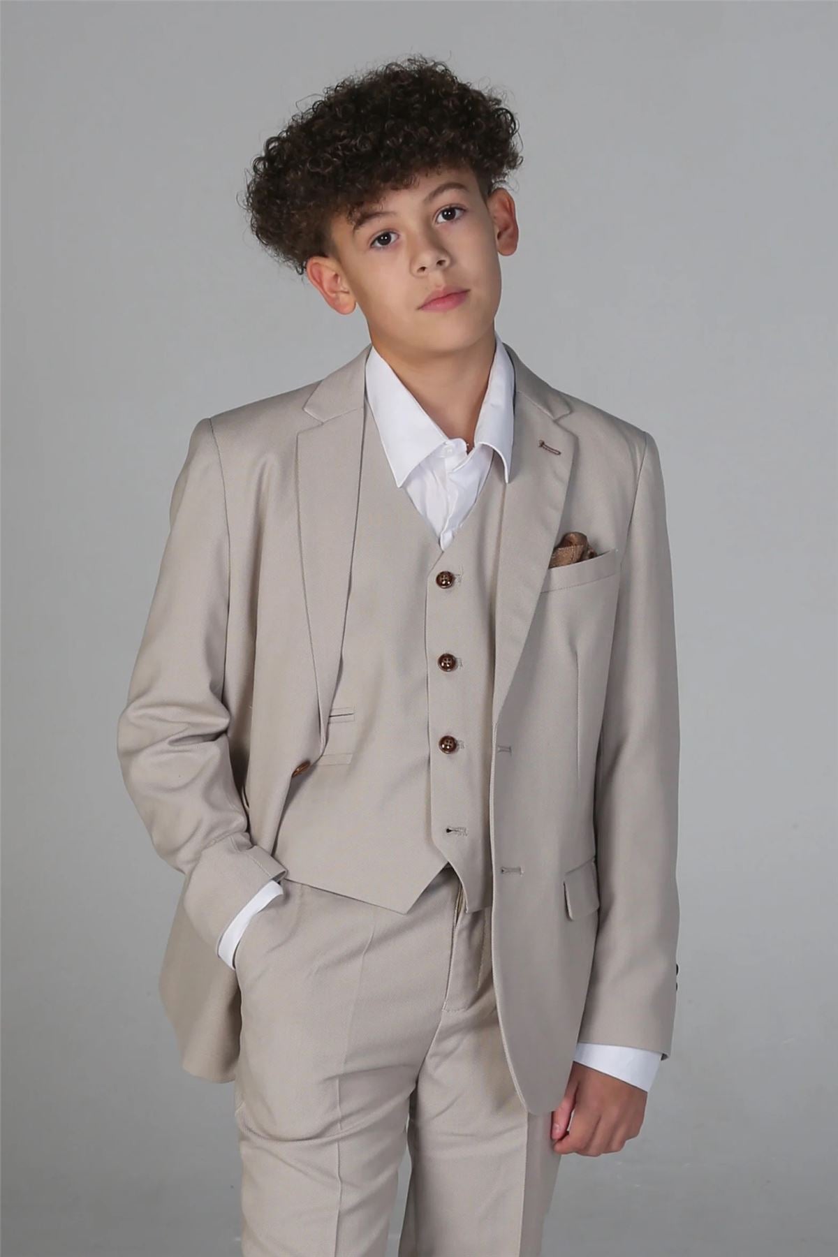 Boys 3 Piece Beige Suit Classic Birdseye Wedding