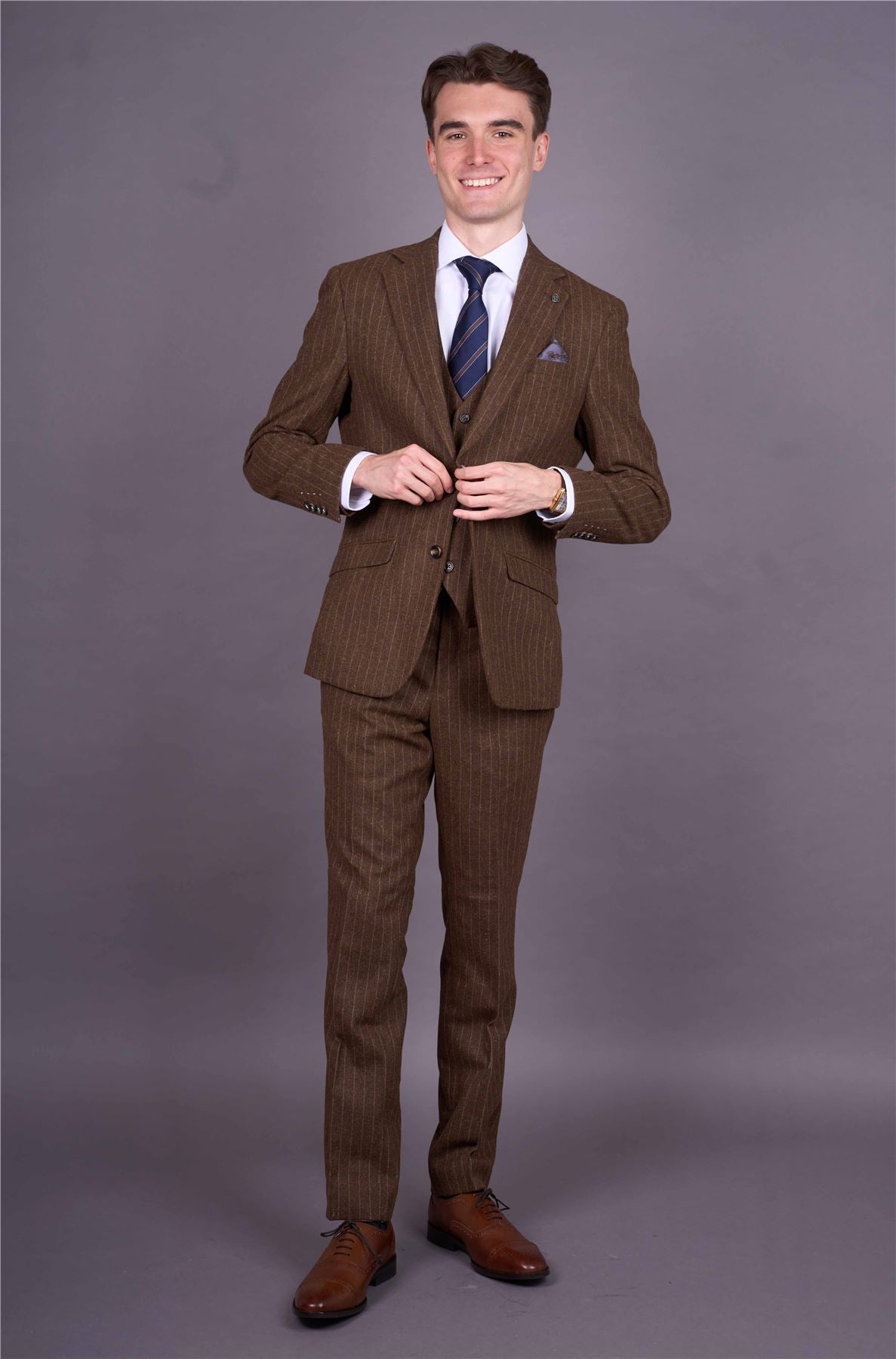 Victor - Men's Brown Pinstripe Slim Fit 3 Piece Suit