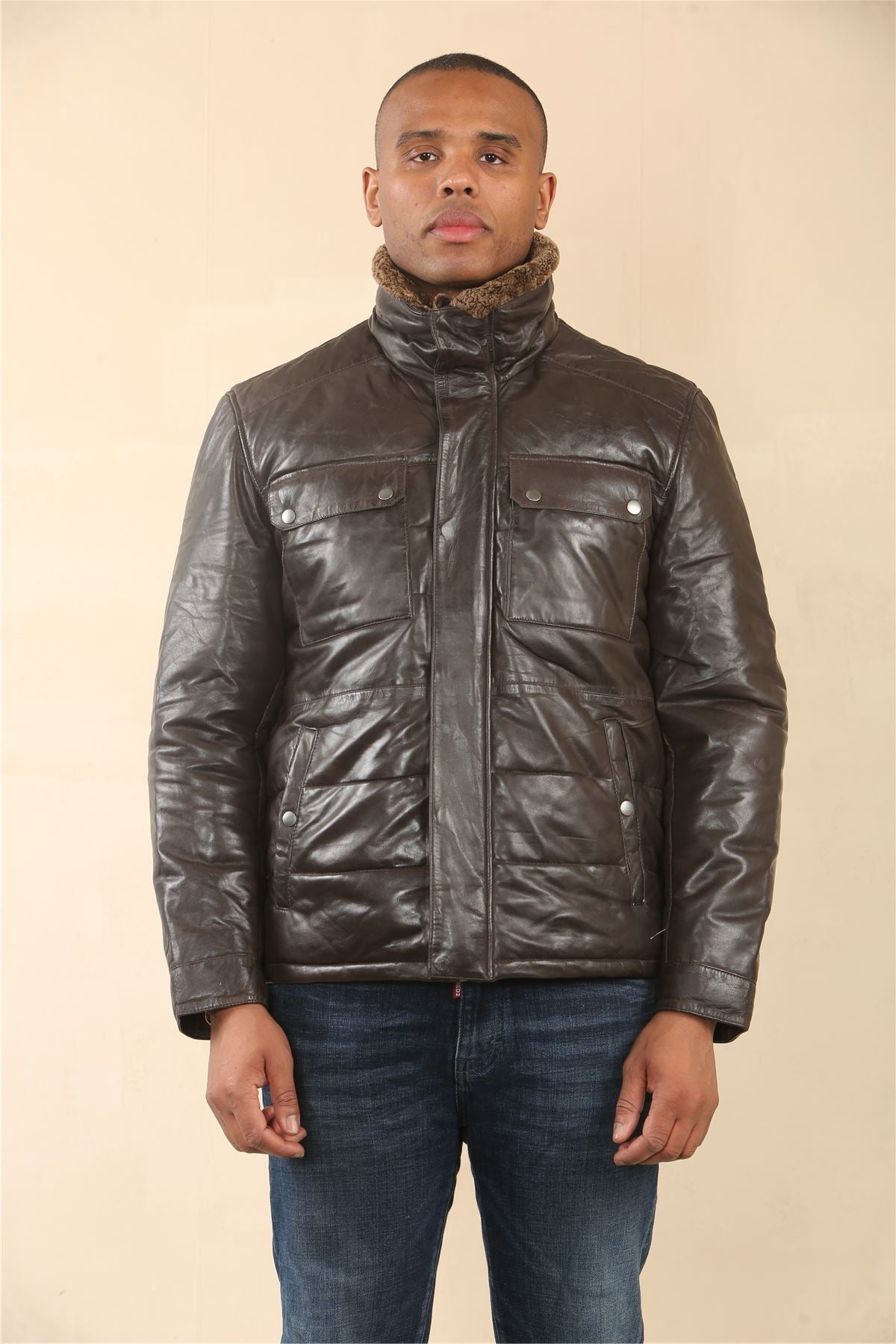 Men's Quilted Faux Fur Collar Leather Jacket