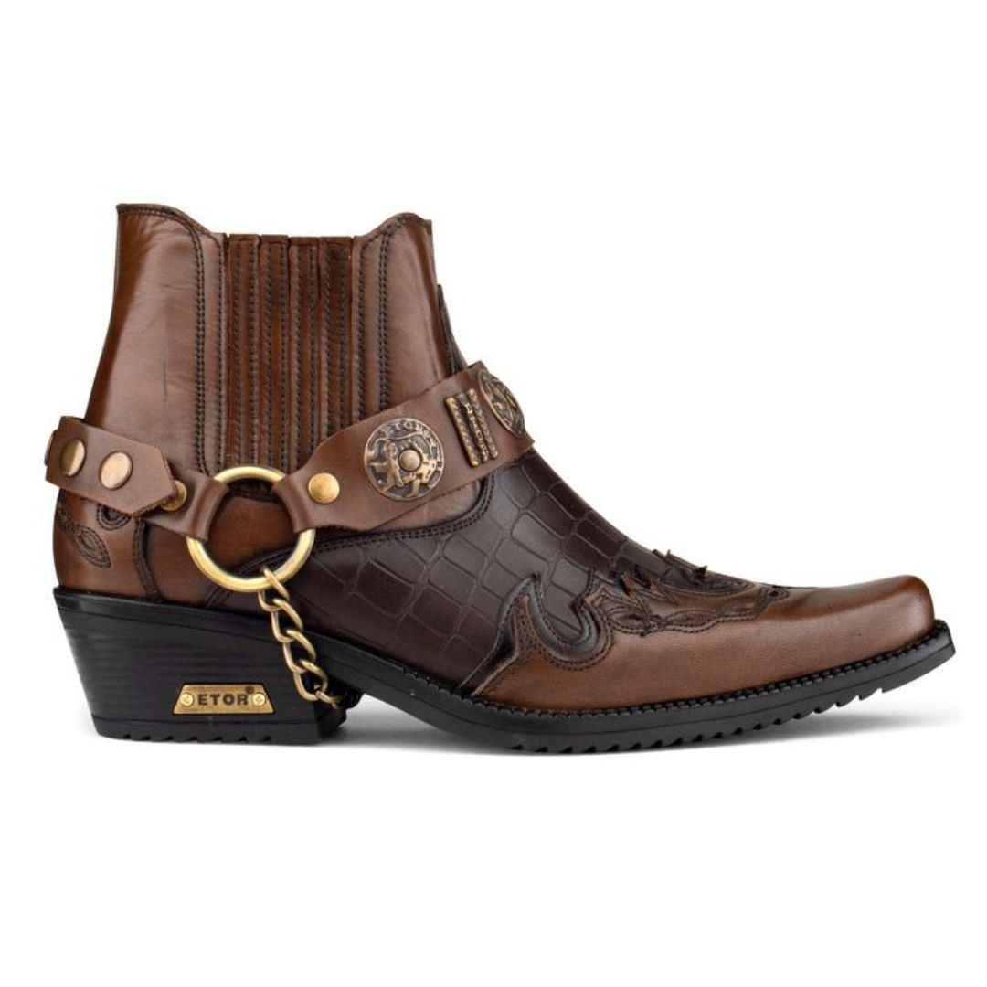 Mens Real Leather Crocodile Cowboy Ankle Boots Chain Western Cuban Heel Dancing - Knighthood Store