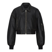 Women's Leather Jacket Cropped Bomber Zipper Short Coat - Knighthood Store