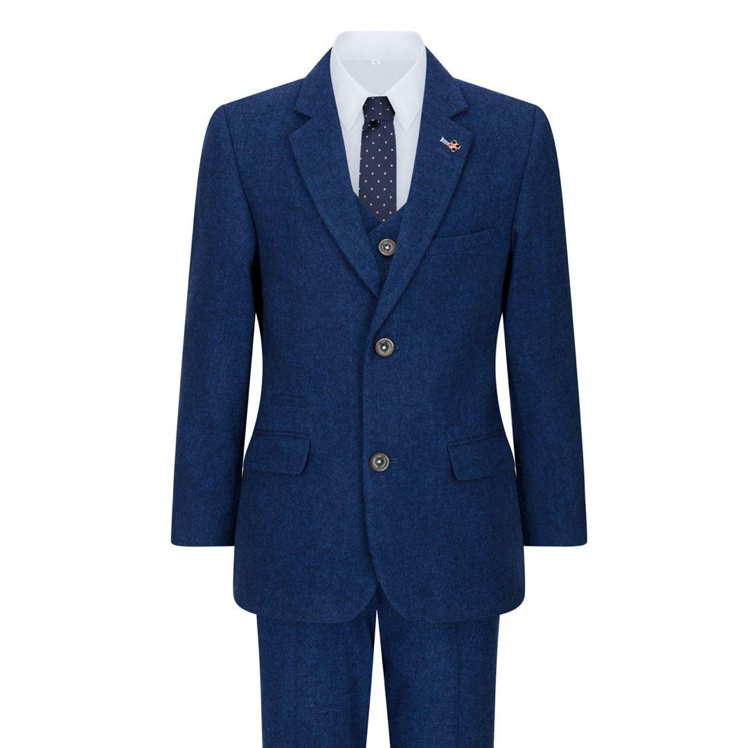 Boys 3 Piece Wool Suit Blue Tweed Vintage 1920s Classic 4 Pocket Waistcoat - Knighthood Store