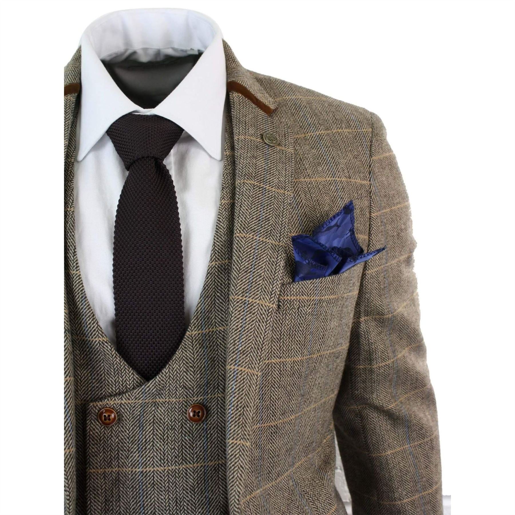 Mens 3 Piece Herringbone Tweed Tan Brown Check Suit Tailored Fit Double Classic