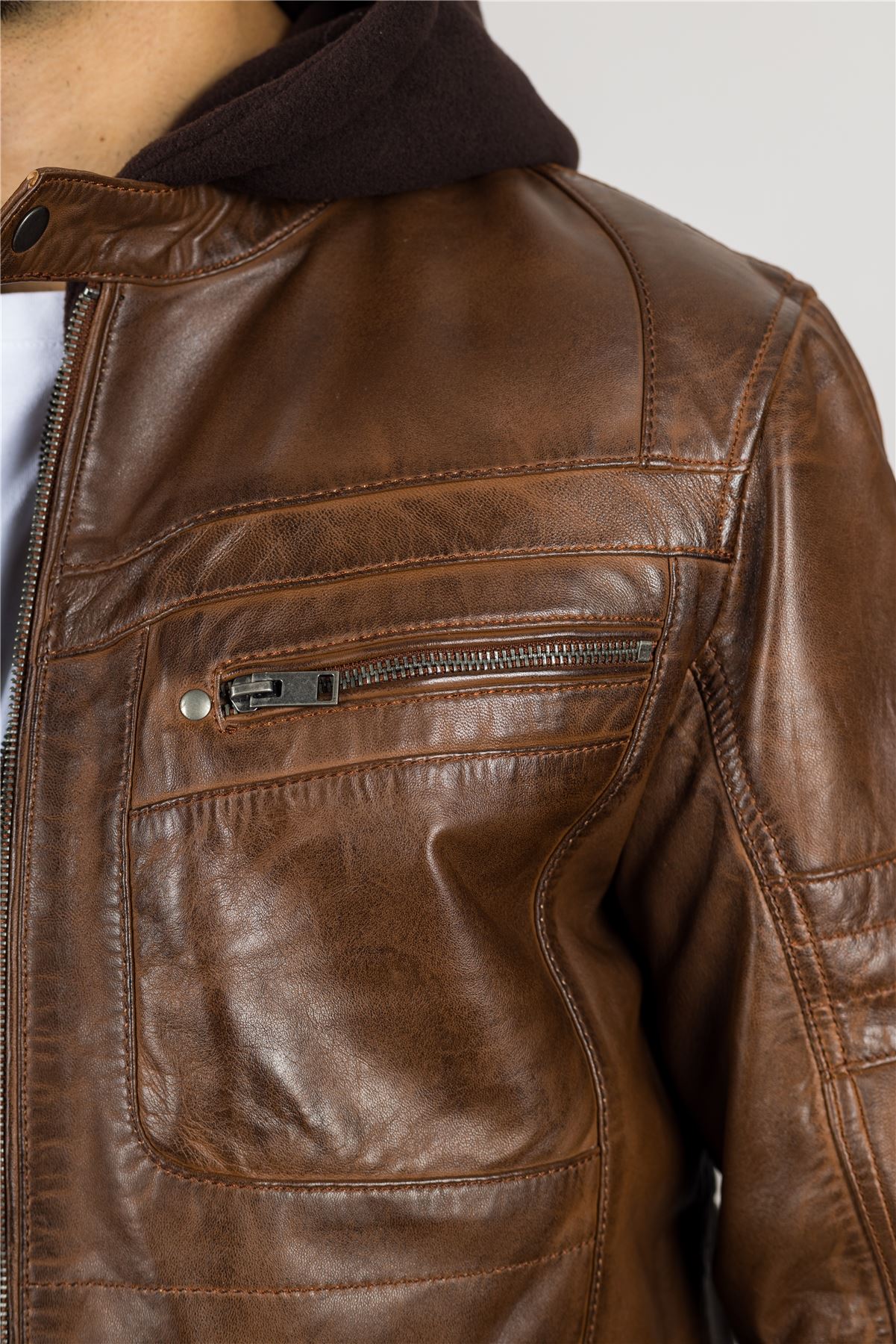 Men's Brown Hooded Genuine Leather Motorcycle Biker Jacket