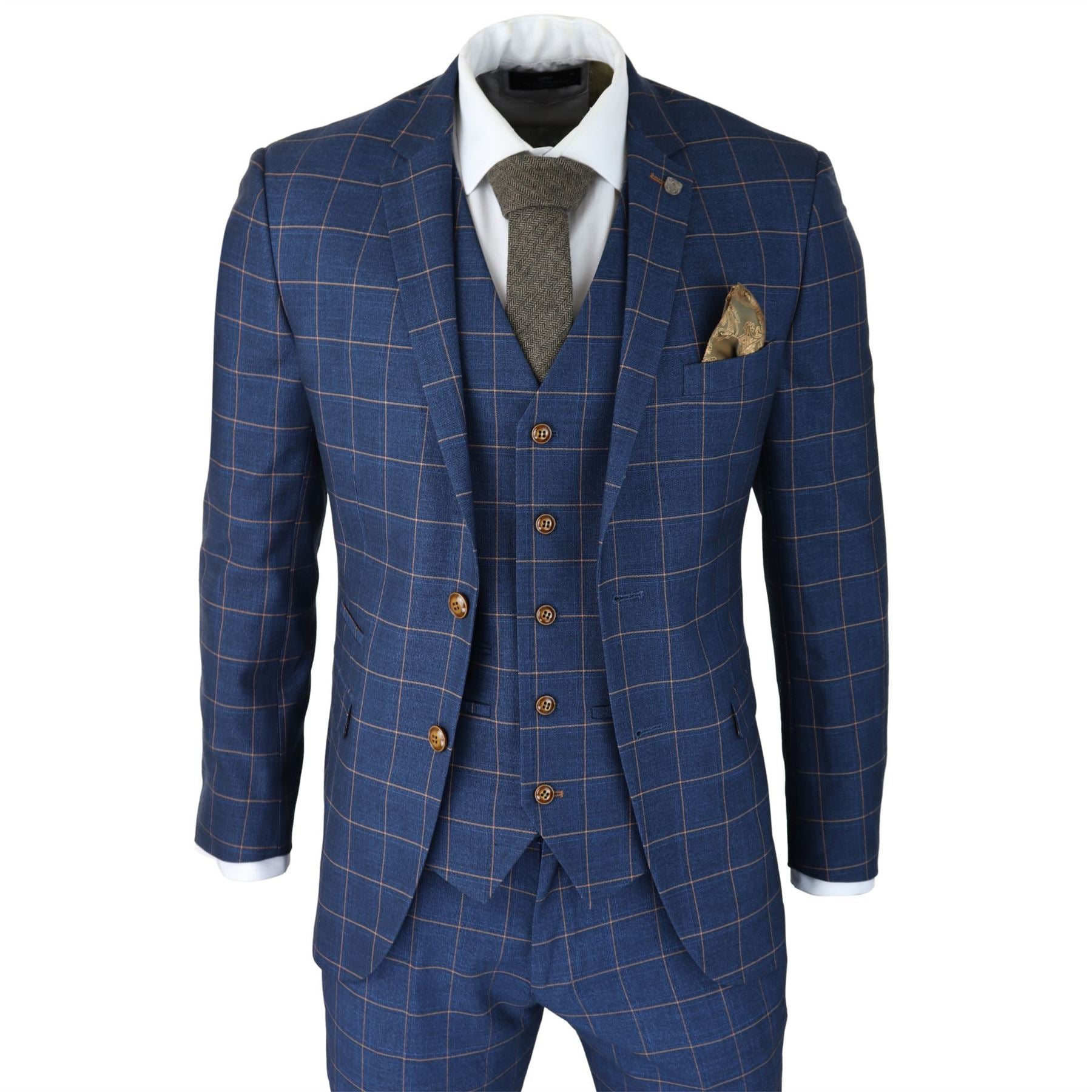 Mens 3 Piece Blue Orange Check Suit Retro Smart Tailored Fit Vintage