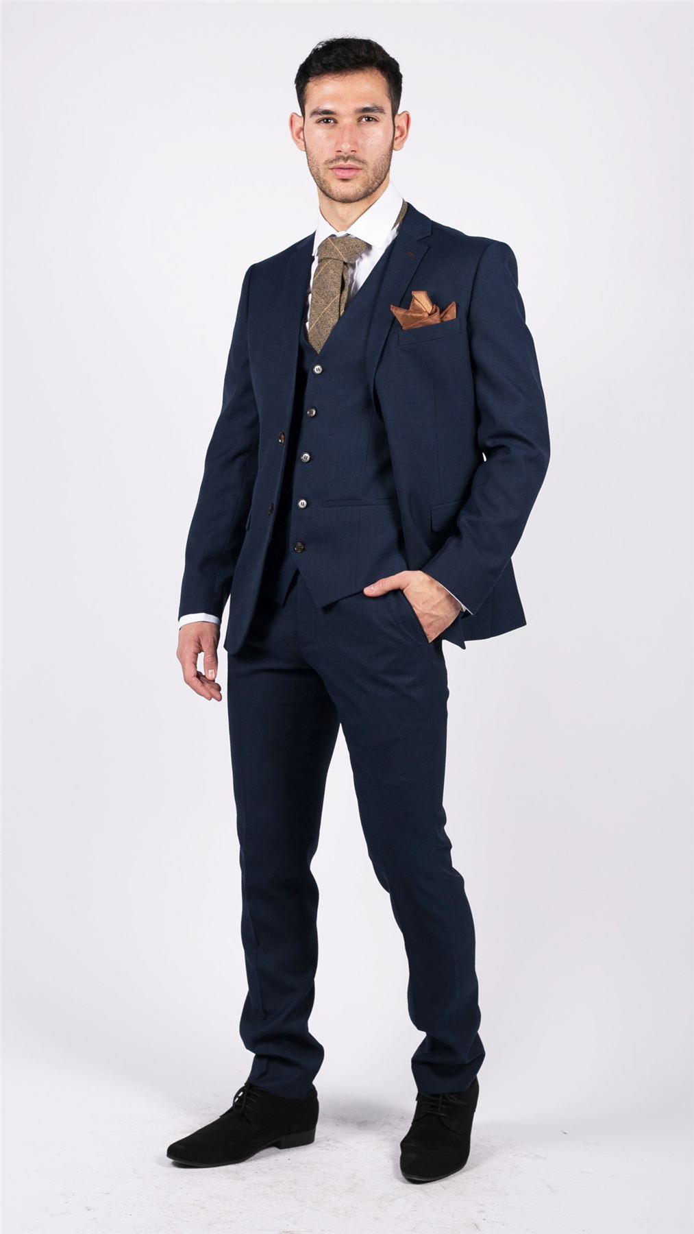 Mens Navy 3 Piece Suit Tailored Fit Smart Formal Classic Wedding Retro Vintage