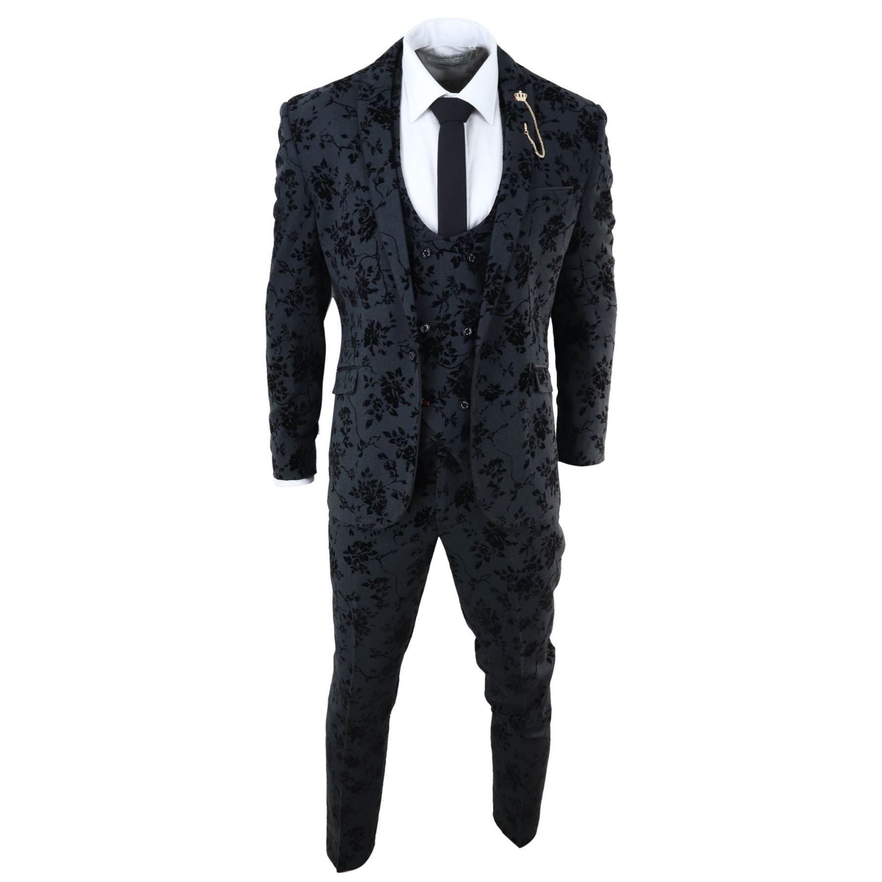 Mens Black 3 Piece Suit Paisley Velvet Wedding Grrom Best Man Tailored Fit