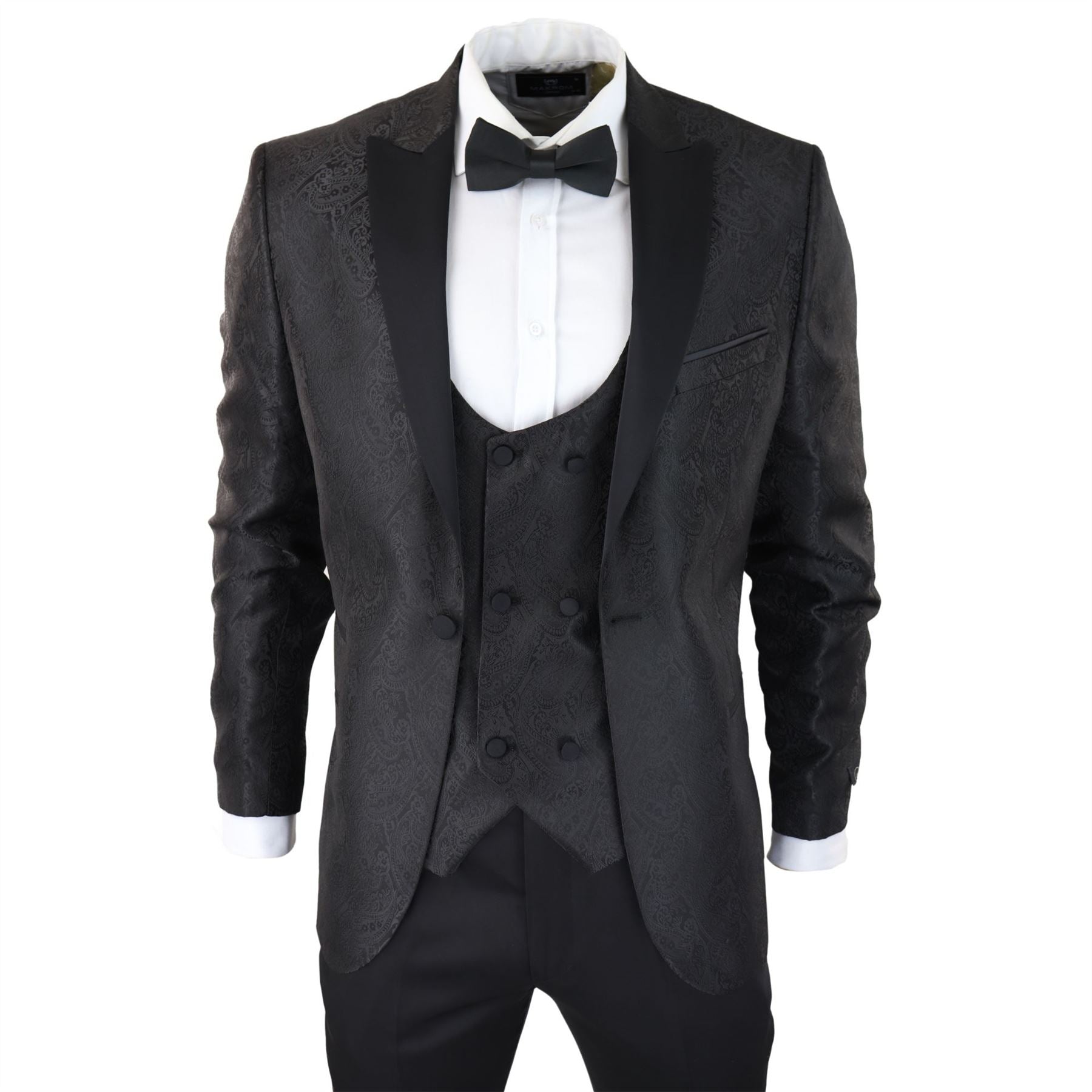 Mens Paisley Tuxedo Blazer And Waistcoat Brocade Dinner Jacket Satin Black Fit