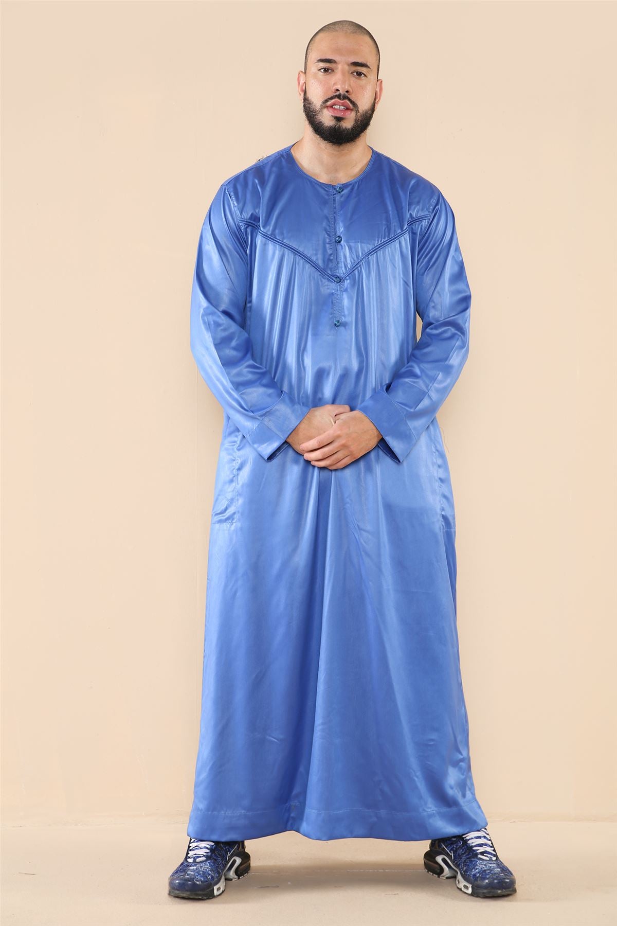 Mens Thobe Jubba Islamic Clothing Muslim Kaftan Emirati Omani Robe Satin Shiny