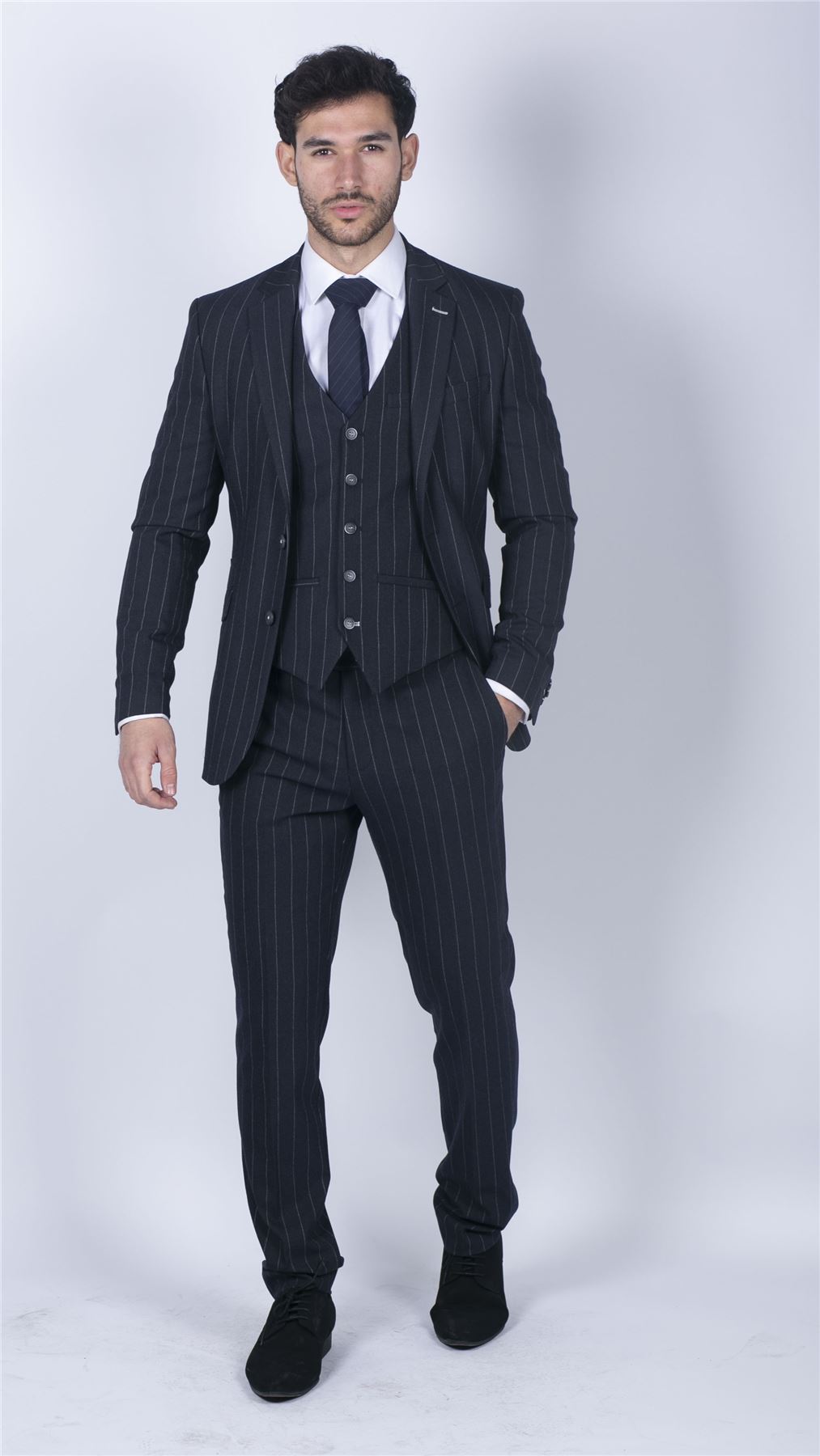 Mens 3 Piece Suit Pin Stripe Navy Classic Vintage Retro 1920s Tailored Fit Wedding