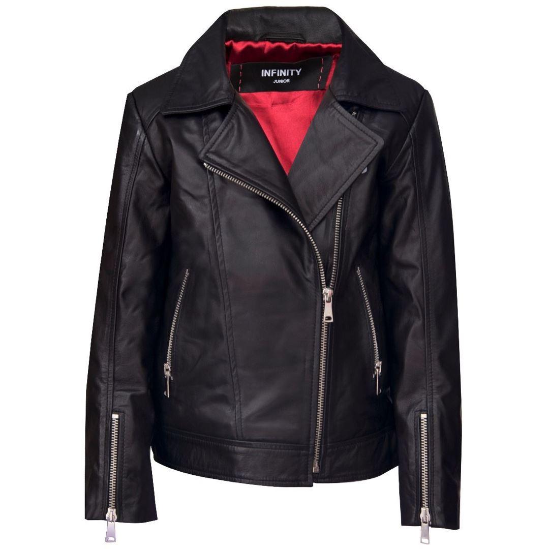 Girls Kids Real leather Biker Style Jacket Cross Zip Black Pink Age - Knighthood Store