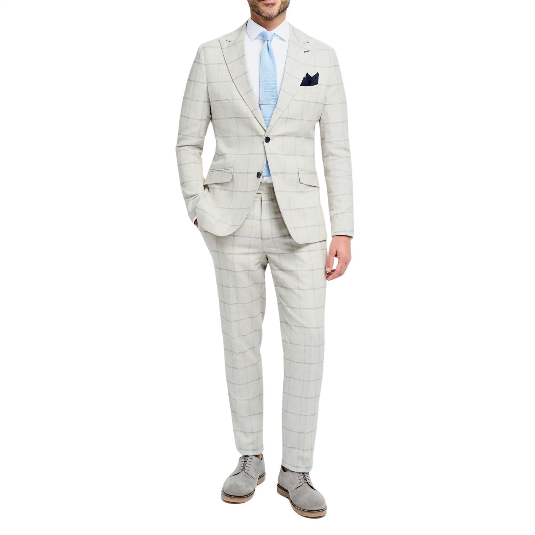 Men's Suit Grey 2 Piece Lightweight Linen Checked Formal Dress Suits