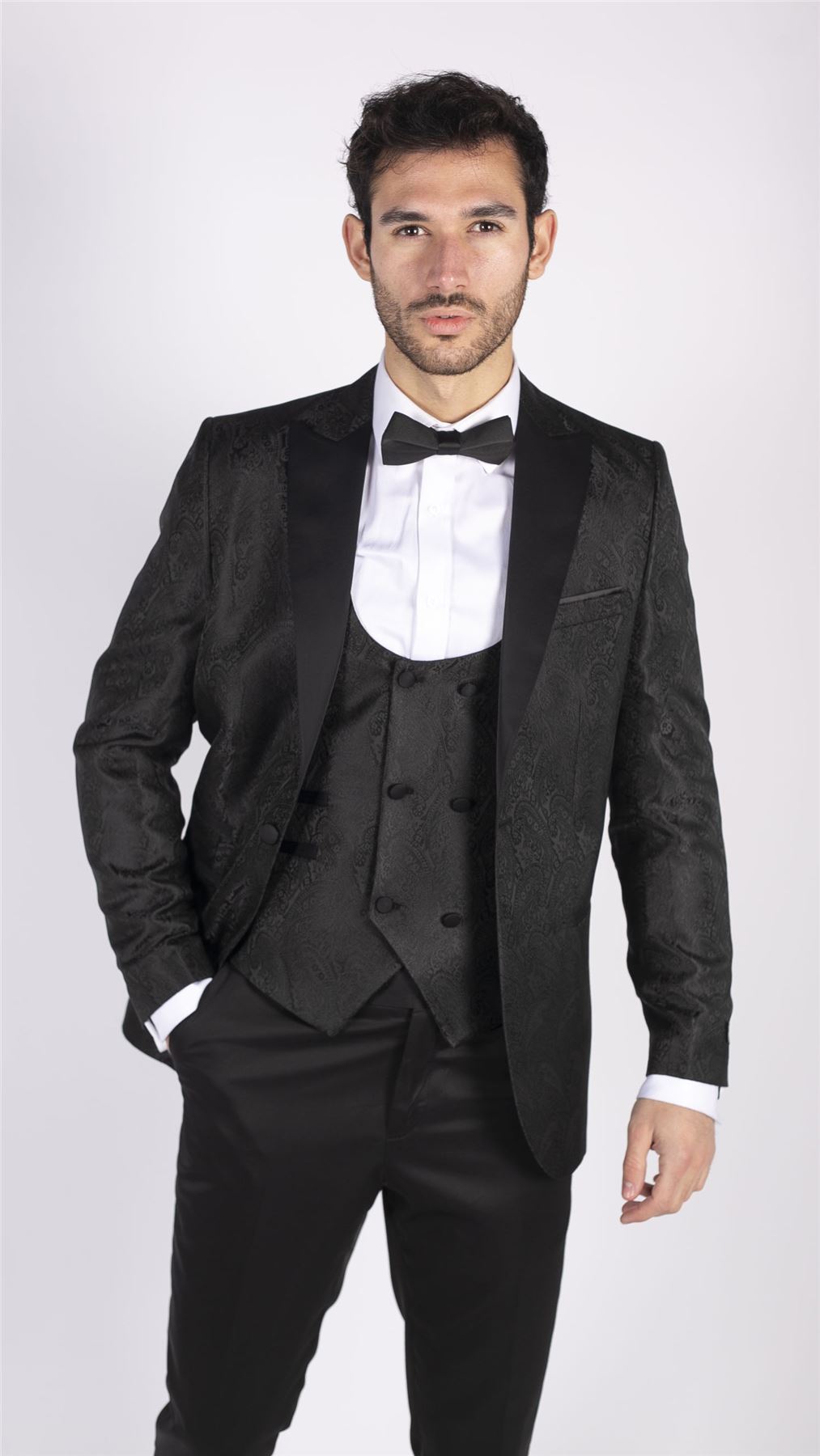 Mens Paisley Tuxedo Blazer And Waistcoat Brocade Dinner Jacket Satin Black Fit