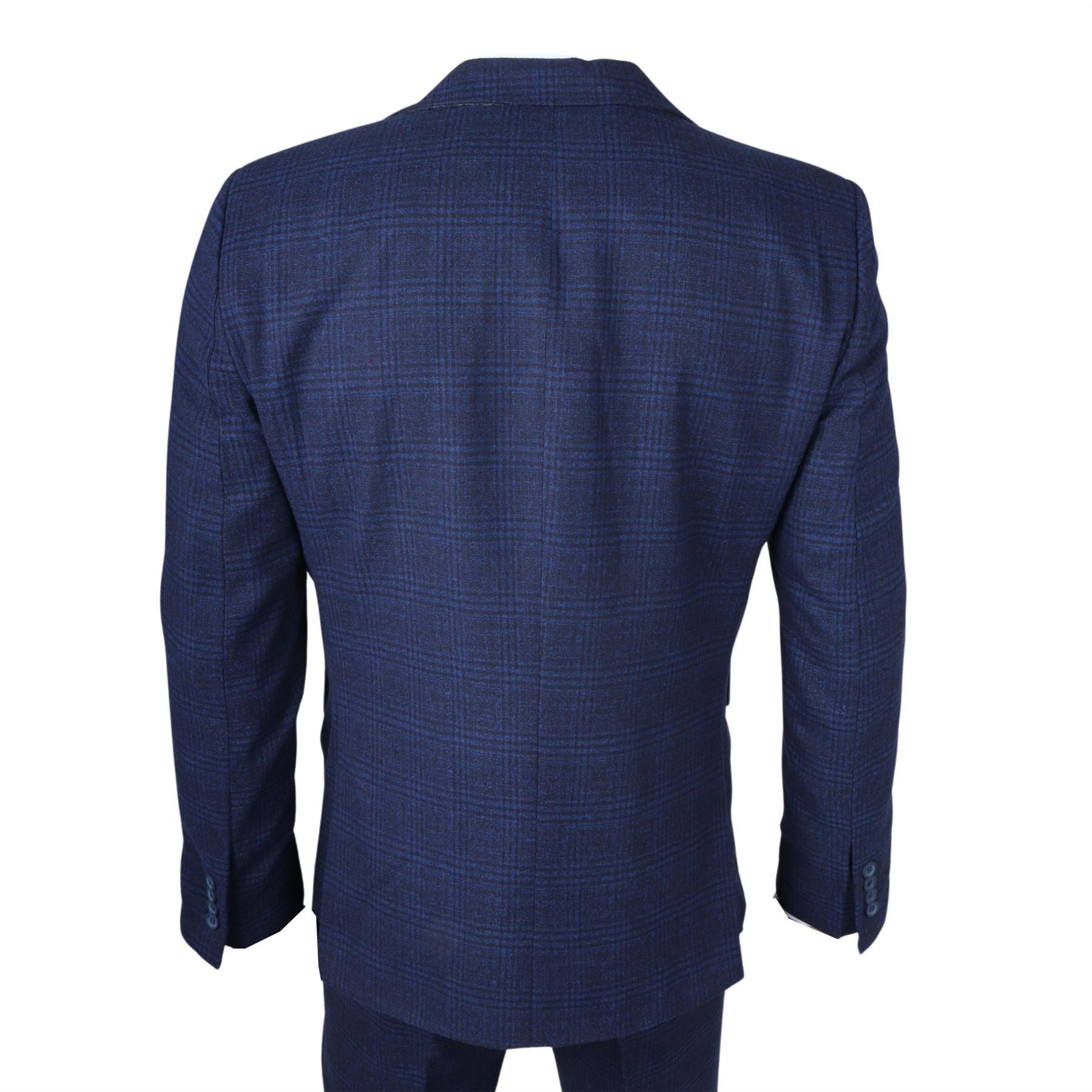 Men's Suit 3 Piece Navy Blue Checkered Tailored Fit Classic Formal Dress