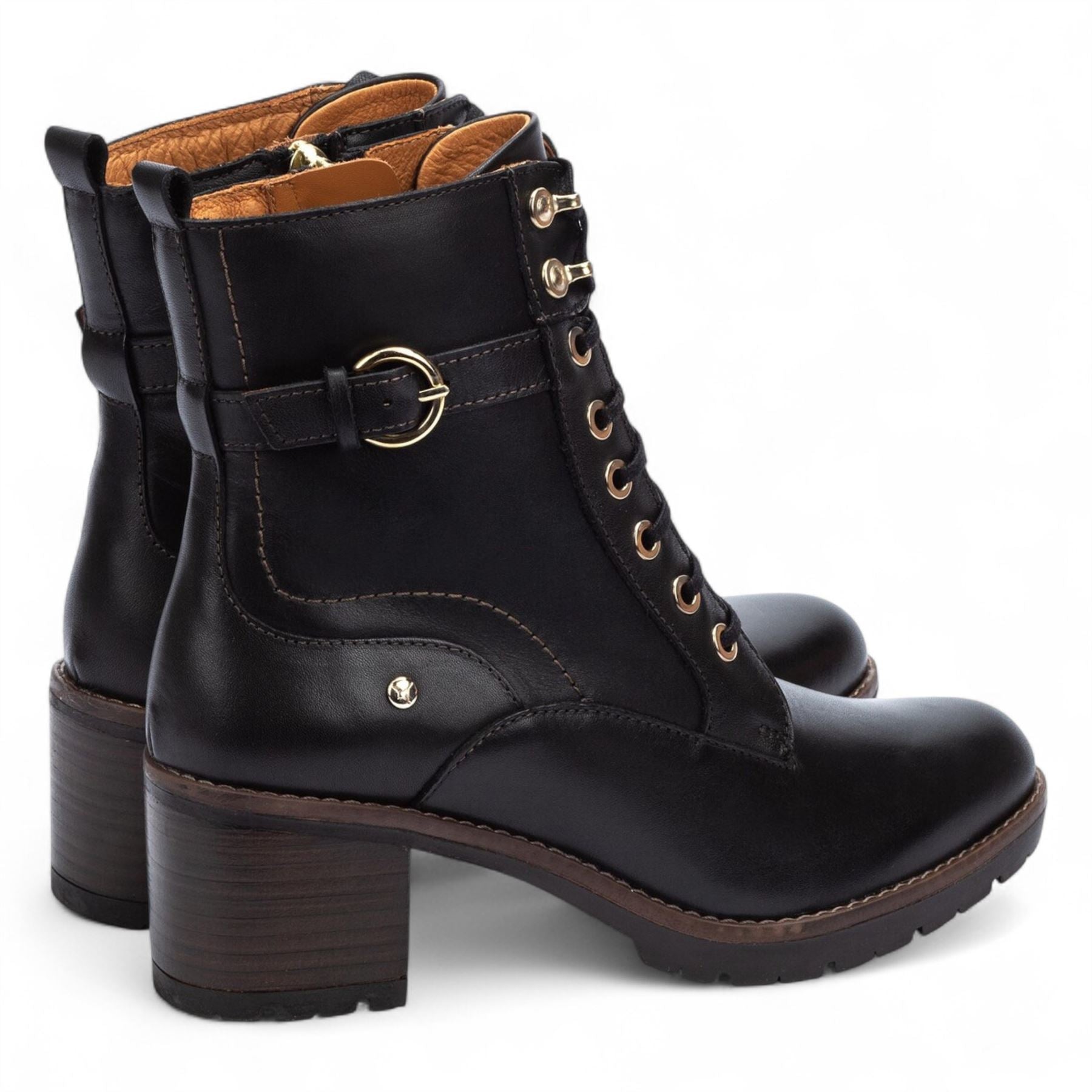 Llanes - Women’s Black Leather Mid-Heel Combat Ankle Boots