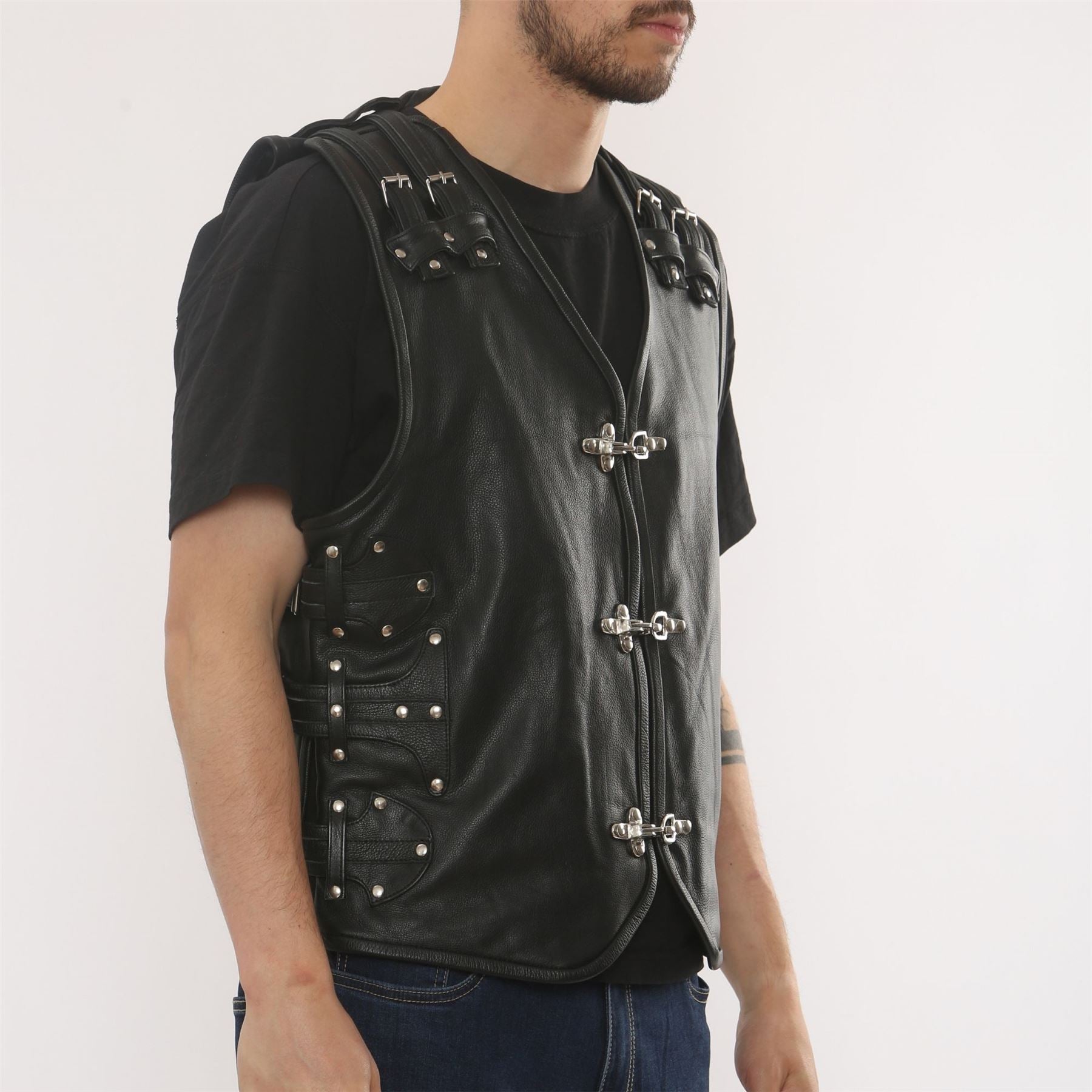 Men's Leather Motorcycle Vest Black Biker Waistcoat