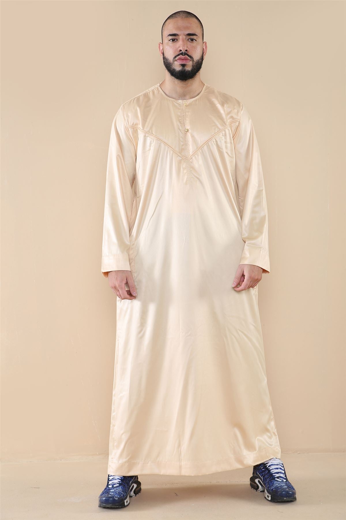 Mens Thobe Jubba Islamic Clothing Muslim Kaftan Emirati Omani Robe Satin Shiny