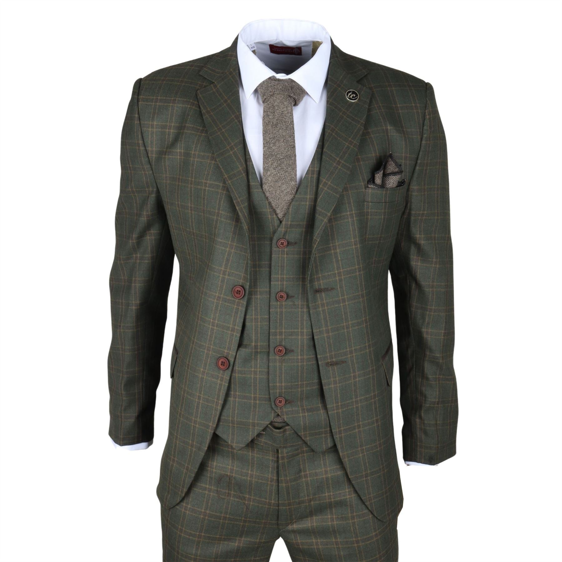 Men's Suit 3 Piece Green Checkered Tailored Fit Classic Formal Dress