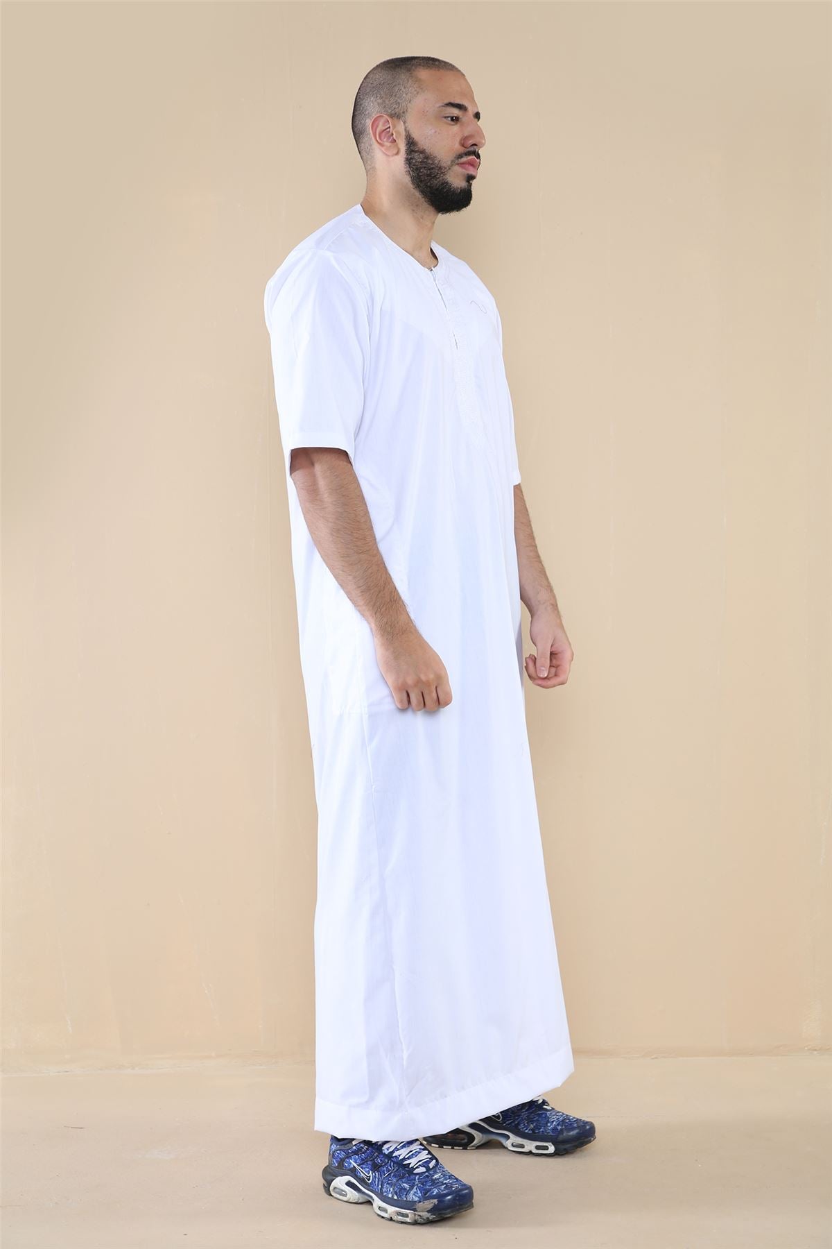 Mens Thobe Jubba Islamic Clothing Kaftan Half Sleeve Robe Moroccan Arab Zipped