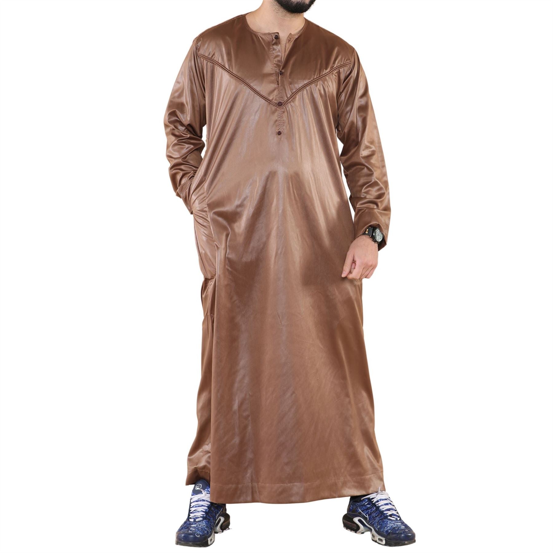Mens Thobe Jubba Islamic Clothing Muslim Kaftan Emirati Omani Robe Satin Shiny