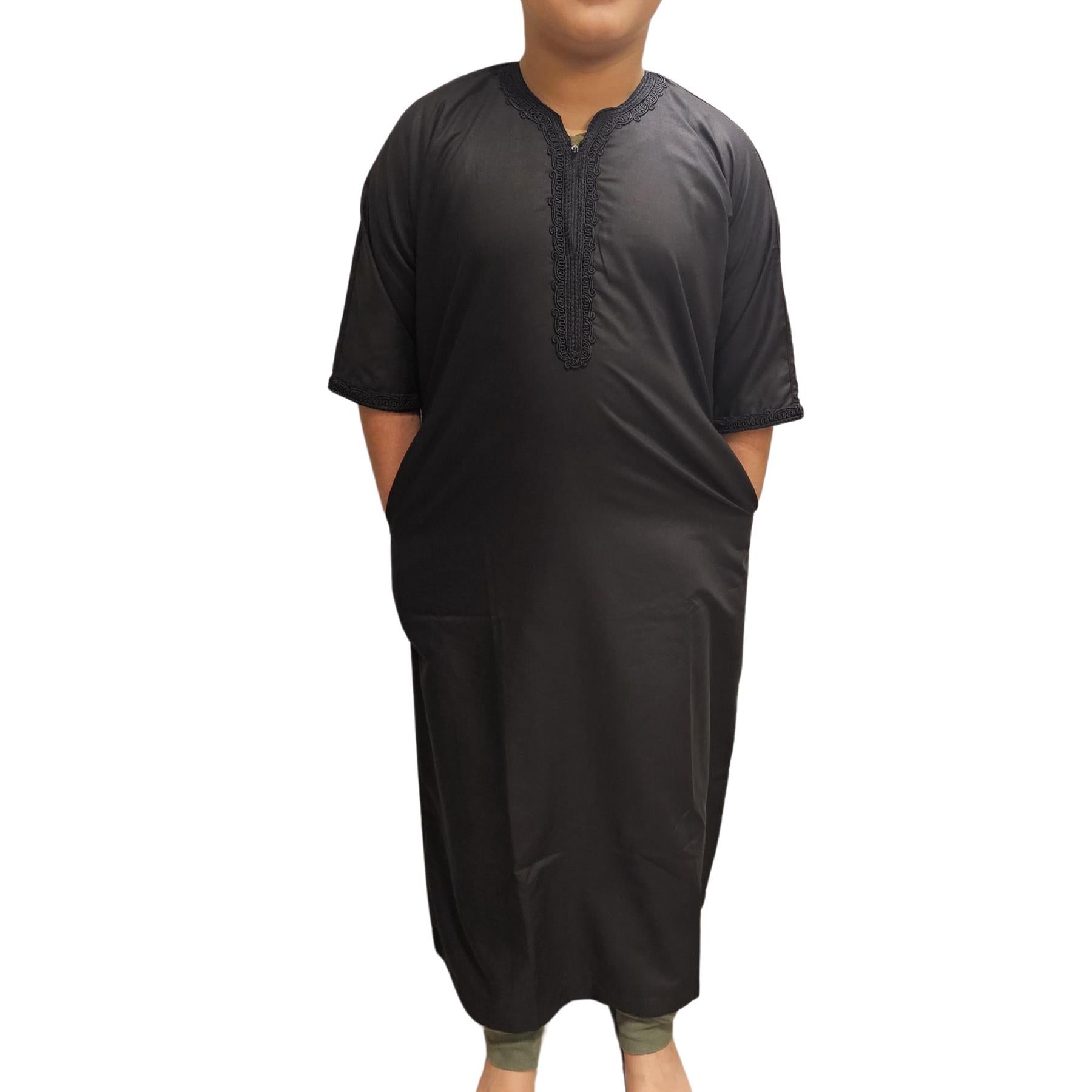 Boy's Morrocan Thobe Jubba Islamic Clothing Kaftan Dubai Arabic Robe Half Short Sleeve
